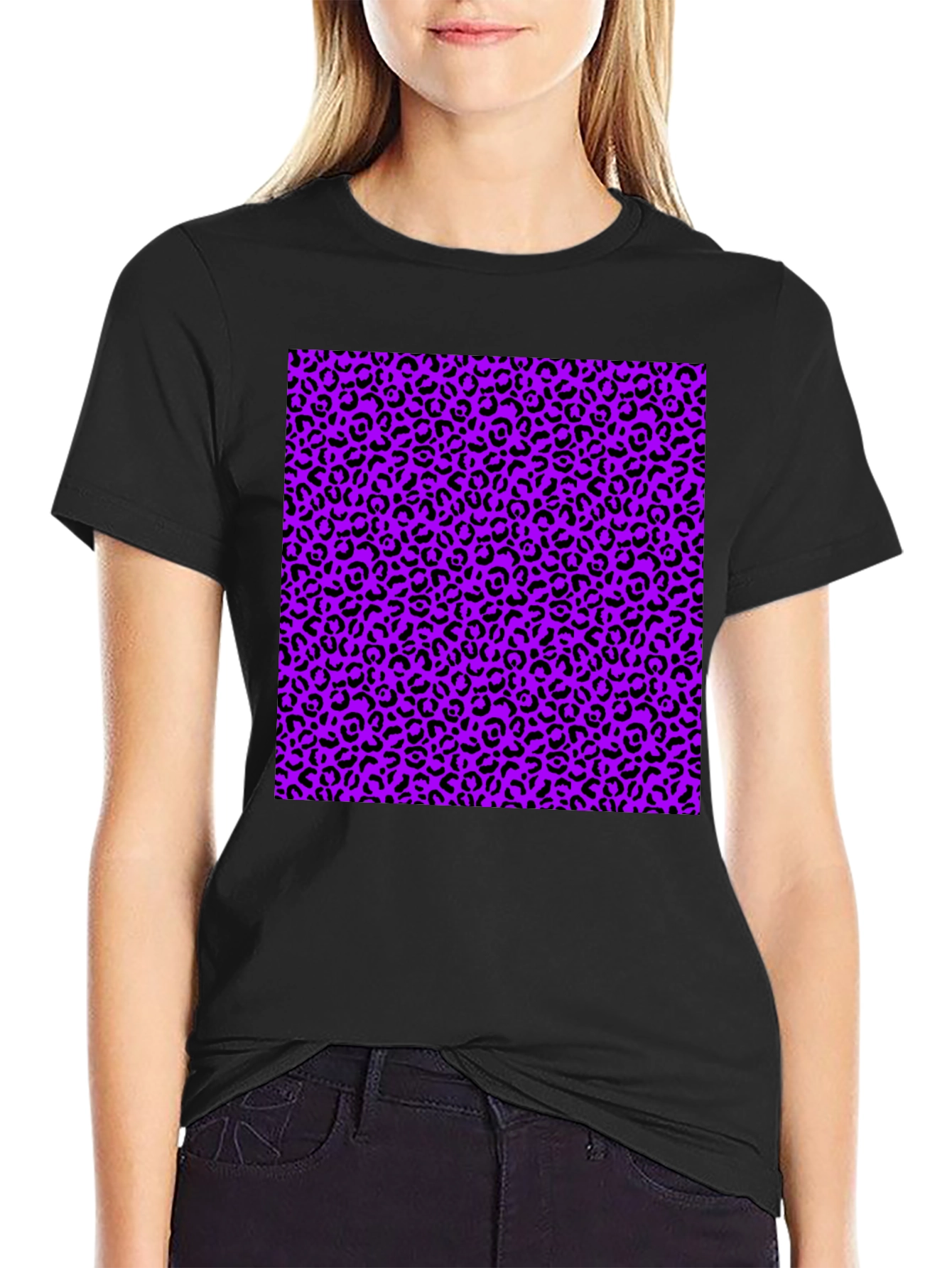 Black Black Tee with Purple Leopard Print Design view 2