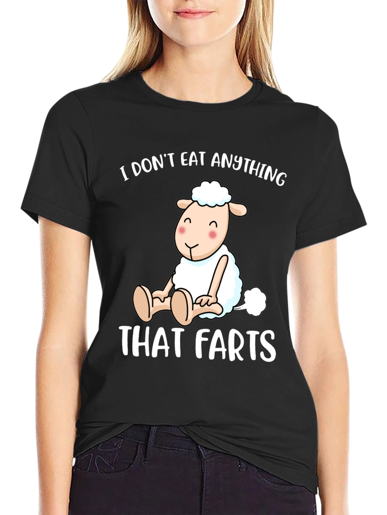 Black Vegan Sheep T-Shirt - I Don't Eat Anything That Farts view 2