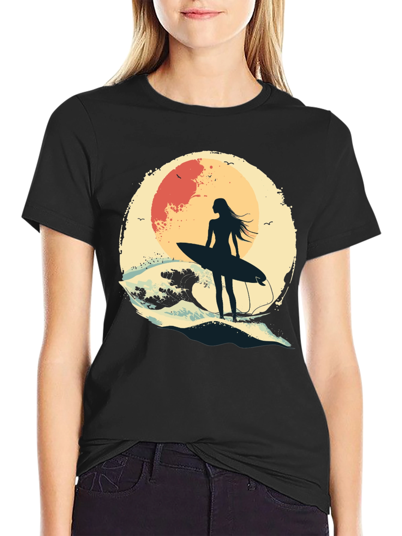 Surfer Girl Graphic Tee - Black Unisex T-Shirt - 2