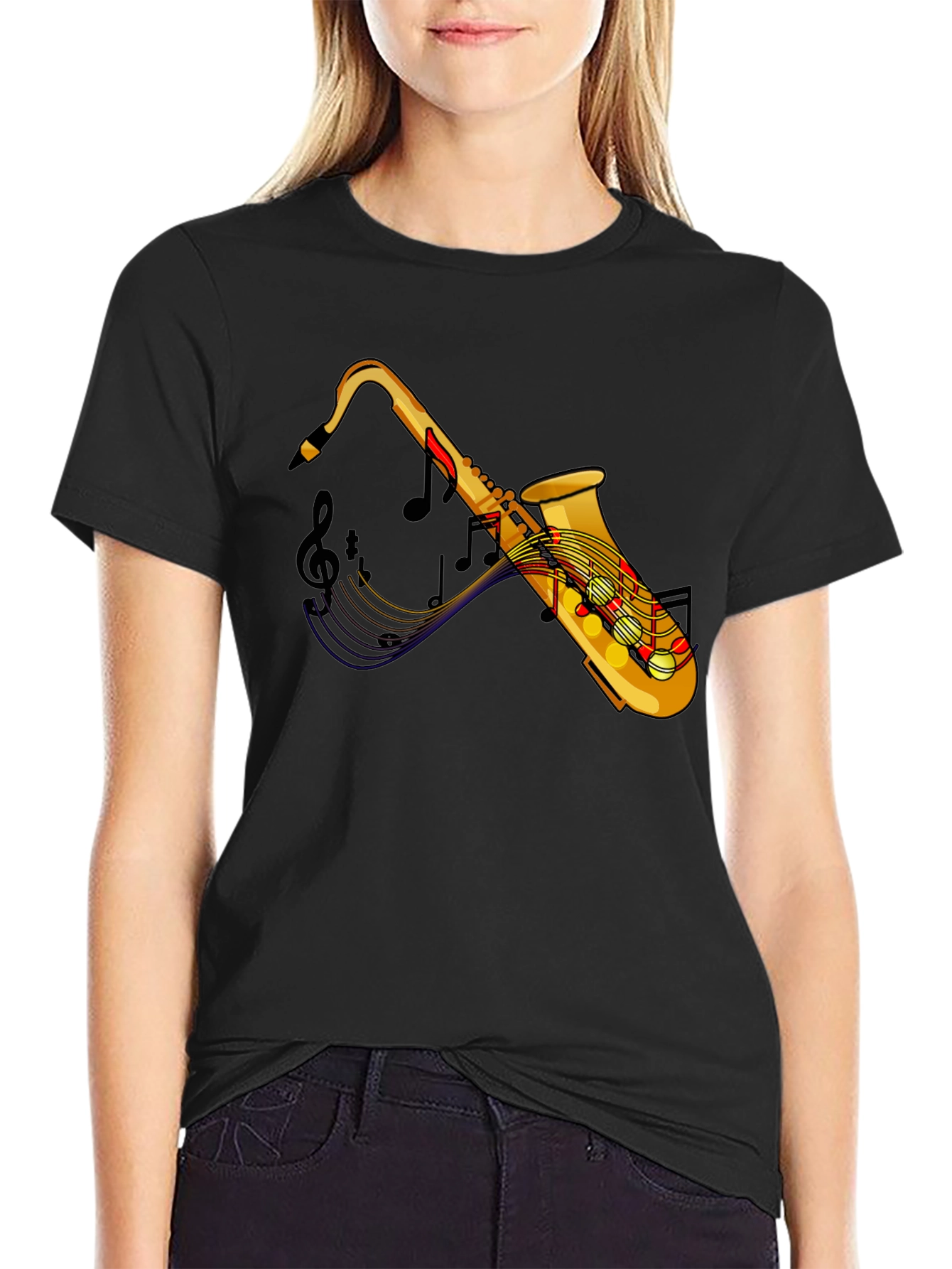 Black Saxophone Music Notes Graphic Black Tee Shirt view 2