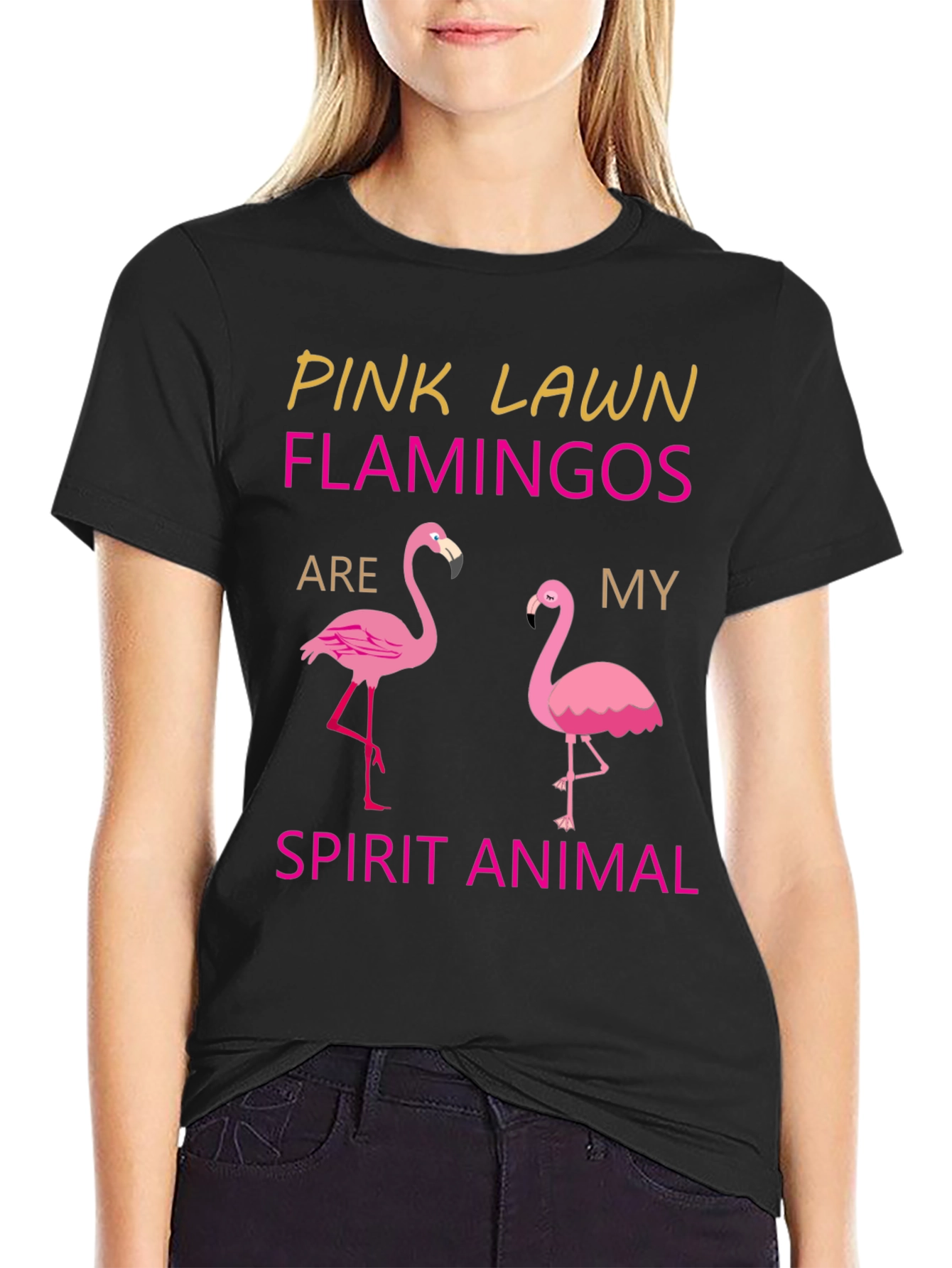 Black Pink Lawn Flamingos Spirit Animal T-Shirt view 2