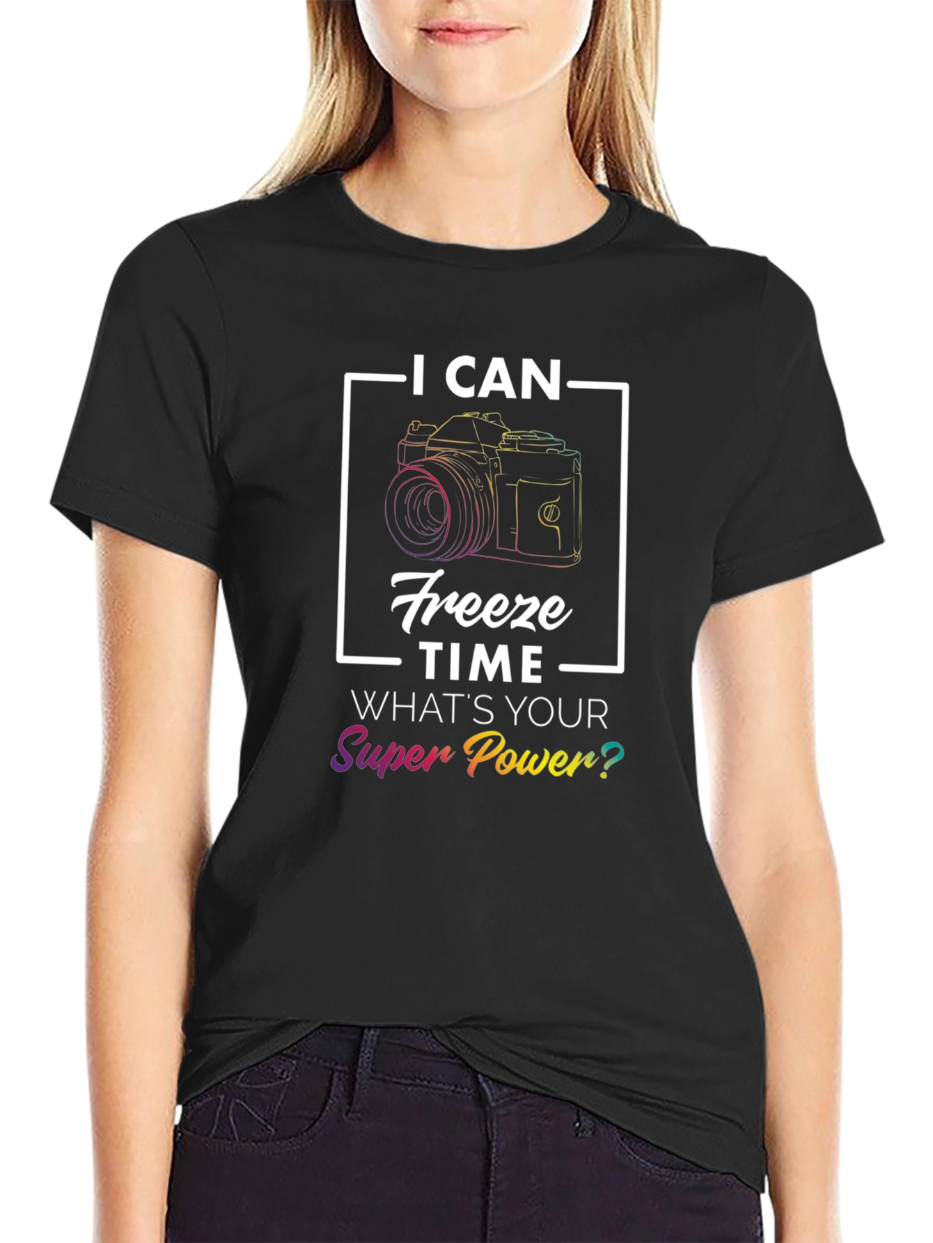 Black I Can Freeze Time Camera Graphic T-Shirt view 2