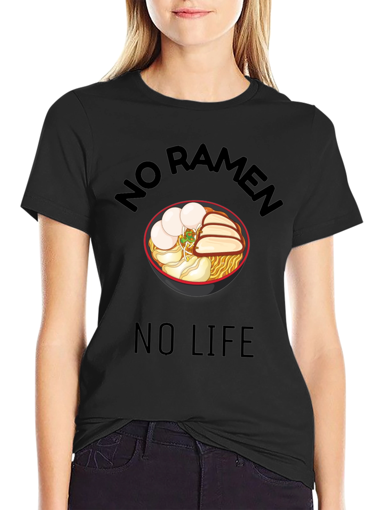 Black No Ramen No Life Black T-Shirt - Foodie Tee view 2