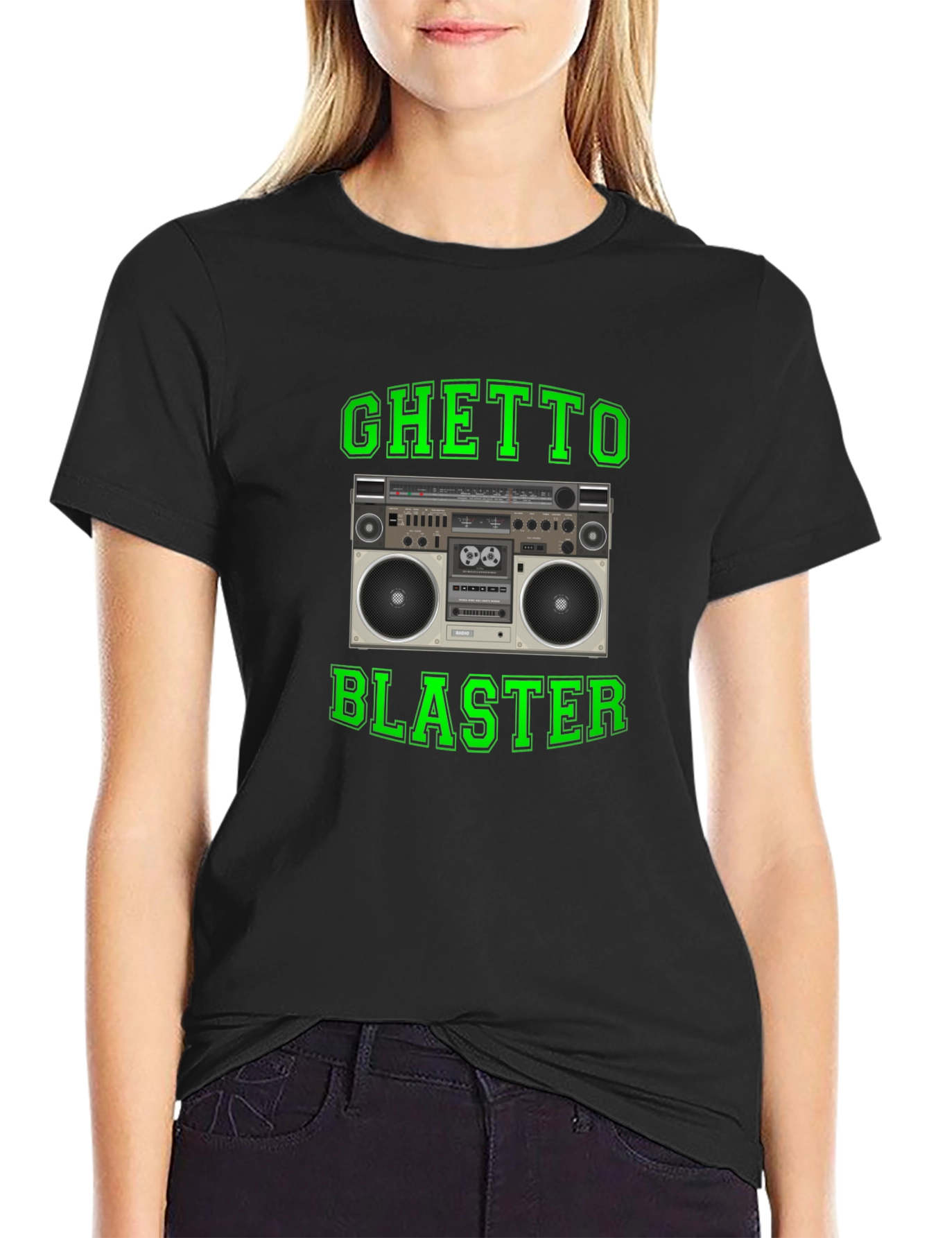 Black Ghetto Blaster Retro Boombox Graphic T-Shirt view 2