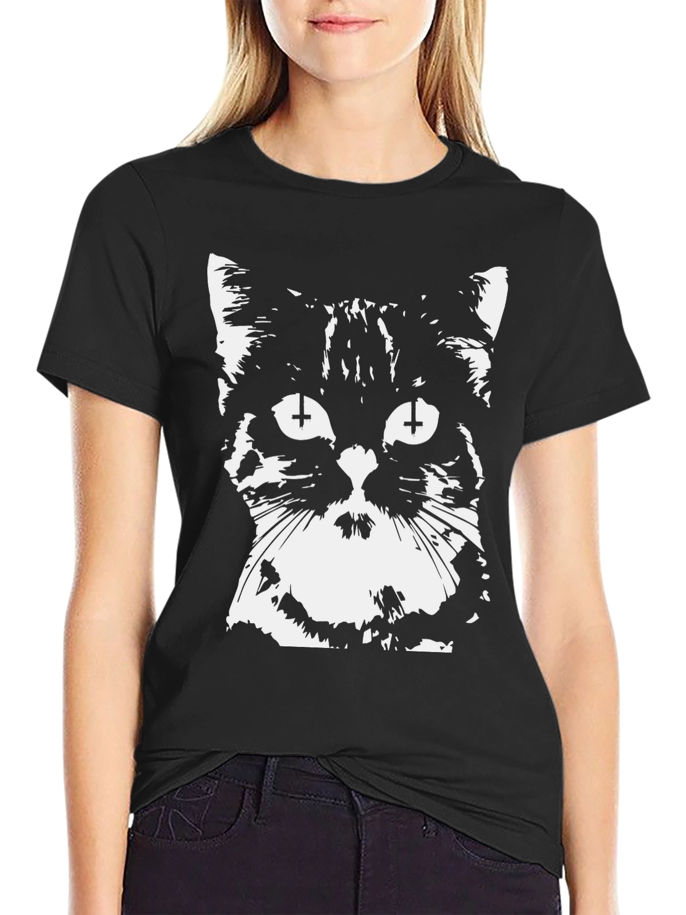 Black Inverted Cross Cat Graphic T-Shirt view 2