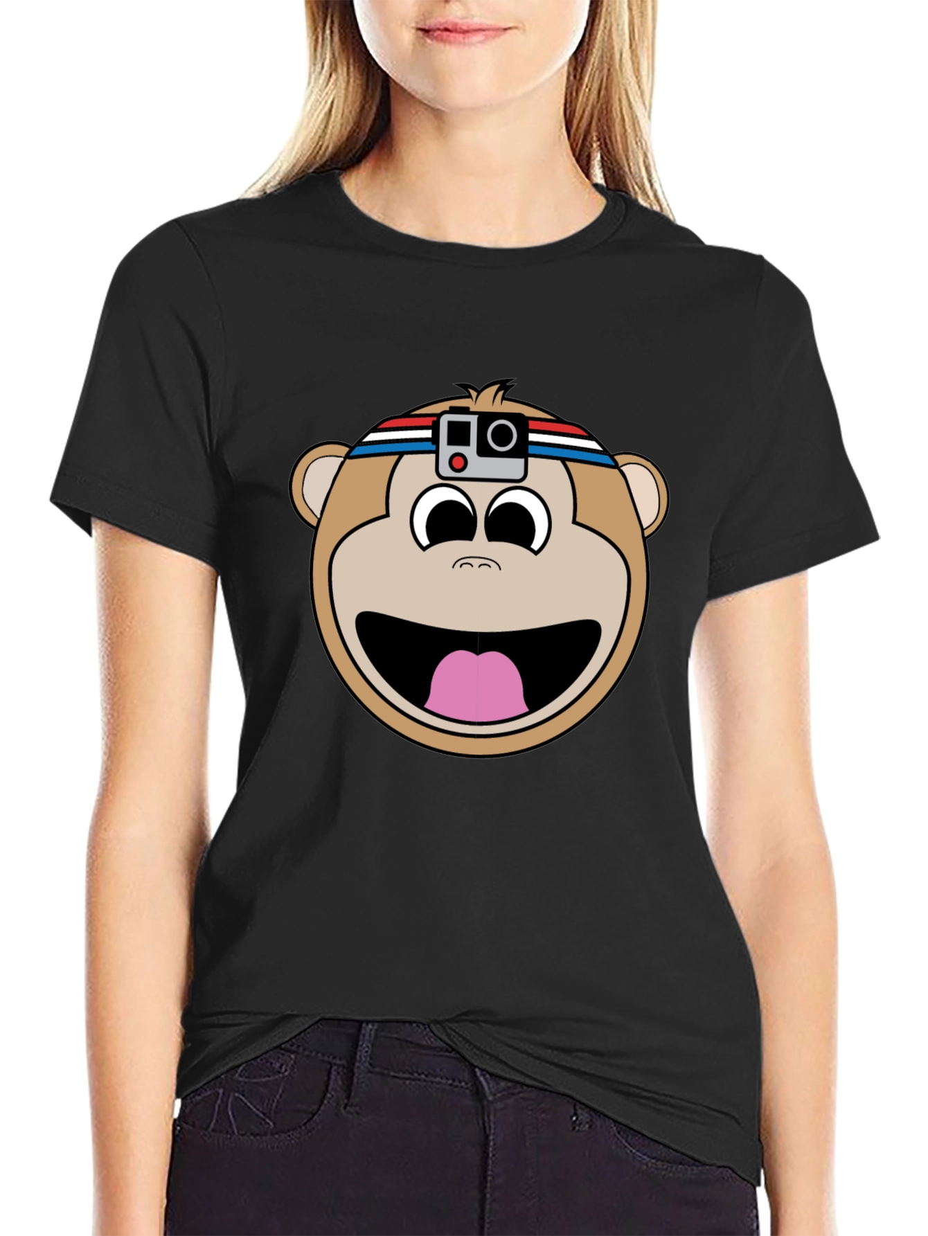 Black Funny Monkey with Camera T-Shirt view 2