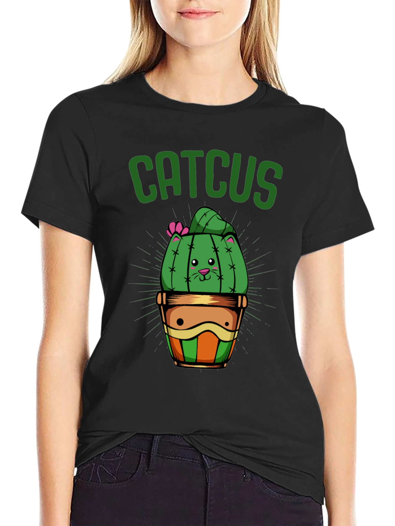 Black Catcus T-Shirt - Funny Cat Cactus Graphic Tee view 2