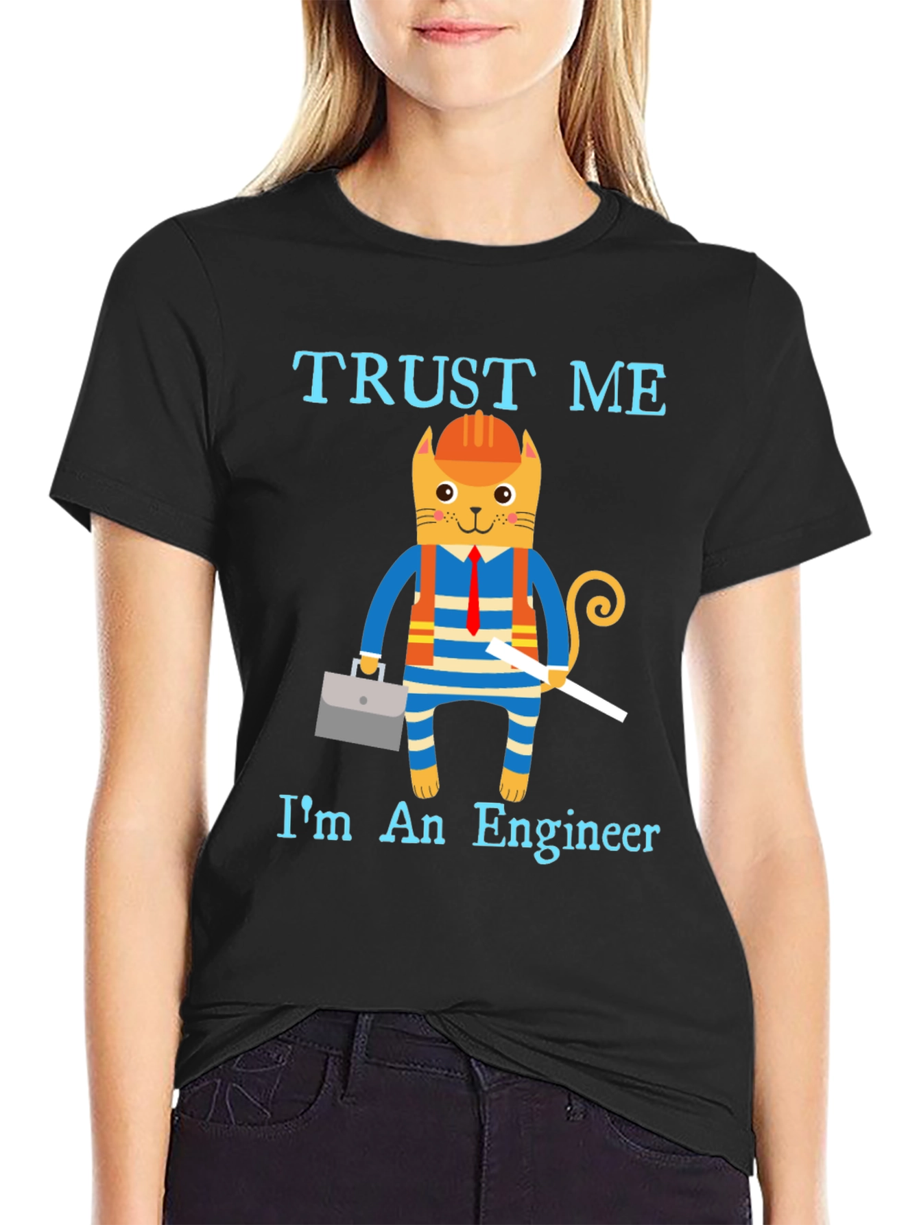 Black Trust Me I'm an Engineer Funny Cat T-Shirt view 2