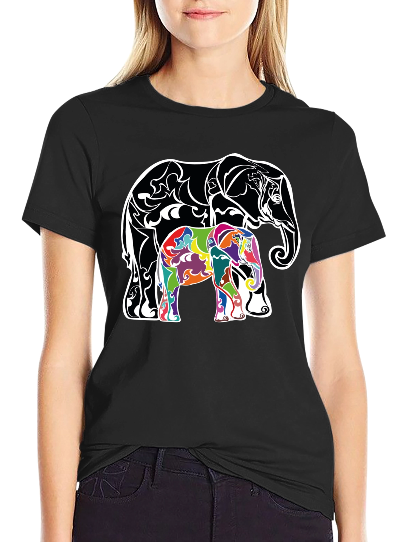 Black Elephant Graphic Print Tee - Stylish Animal Design T-Shirt view 2