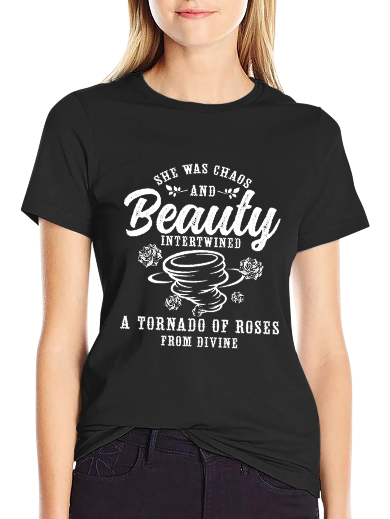 Black Chaos and Beauty Graphic Tee - Tornado of Roses Design view 2