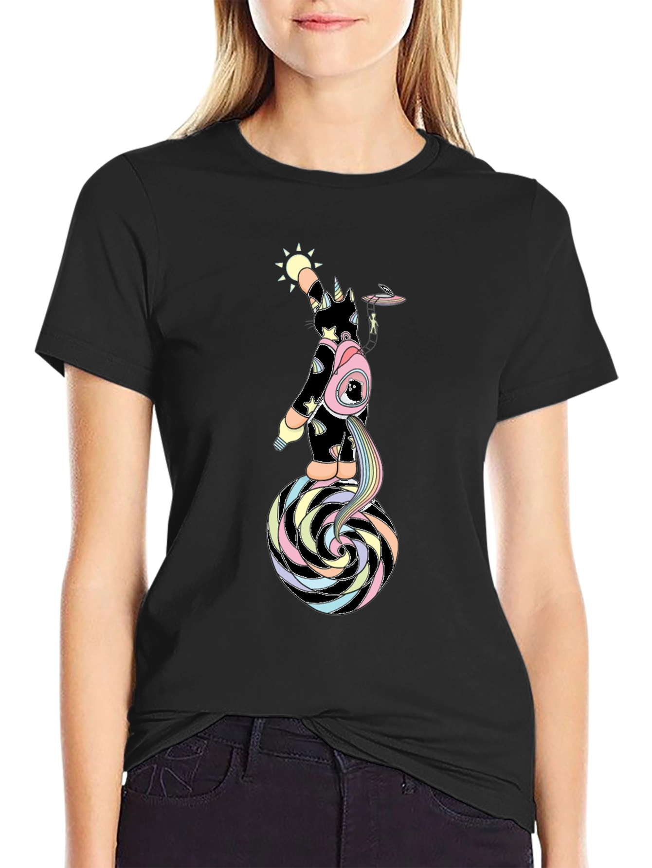 Black Unicorn UFO Rainbow Swirl Graphic Tee - Men's Black T-Shirt view 2