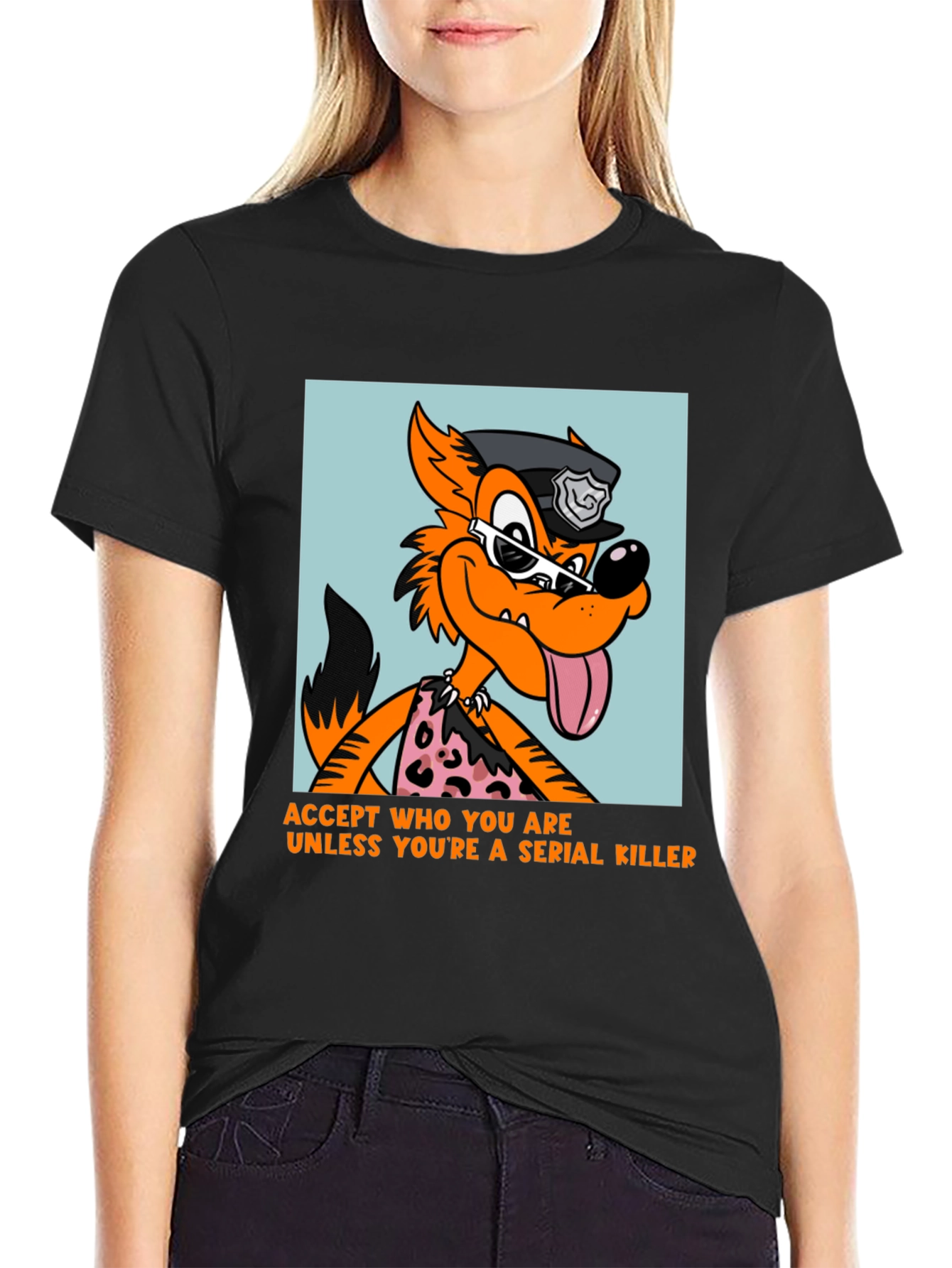 Black Sarcastic Cartoon Wolf Graphic Tee view 2