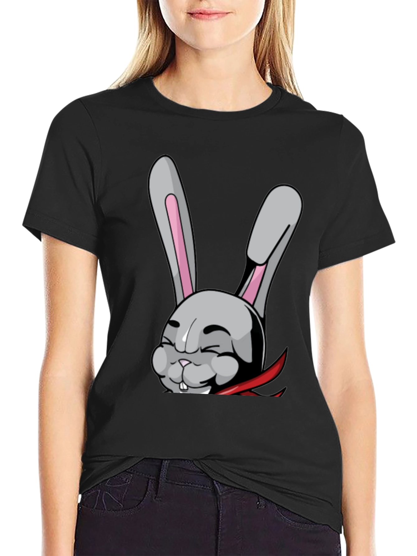 Black Black T-Shirt with Funny Cartoon Rabbit Design view 2