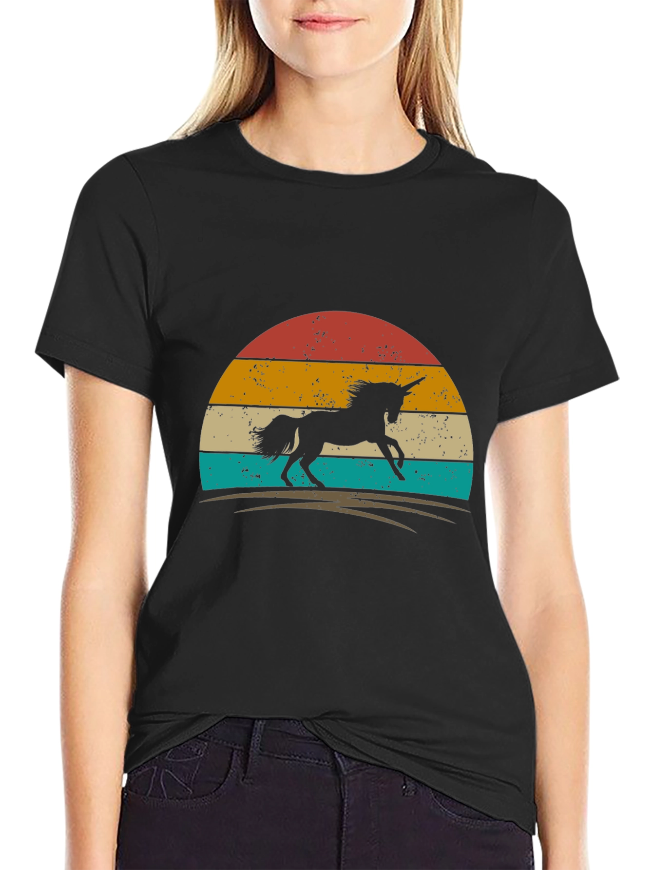 Black Retro Unicorn Graphic Tee - Black Cotton T-Shirt view 2