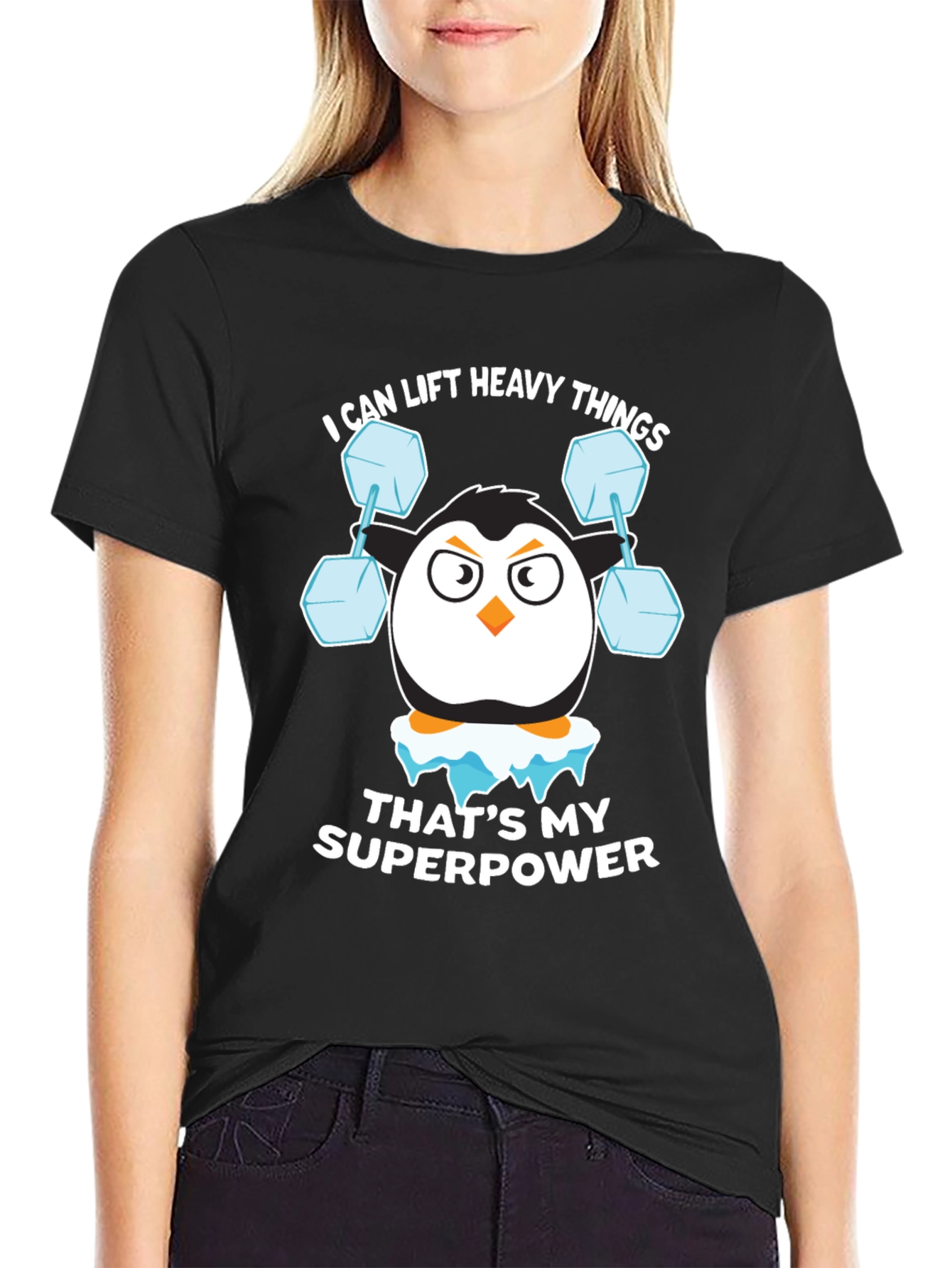 Black Penguin Lifting Weights Funny T-Shirt view 2