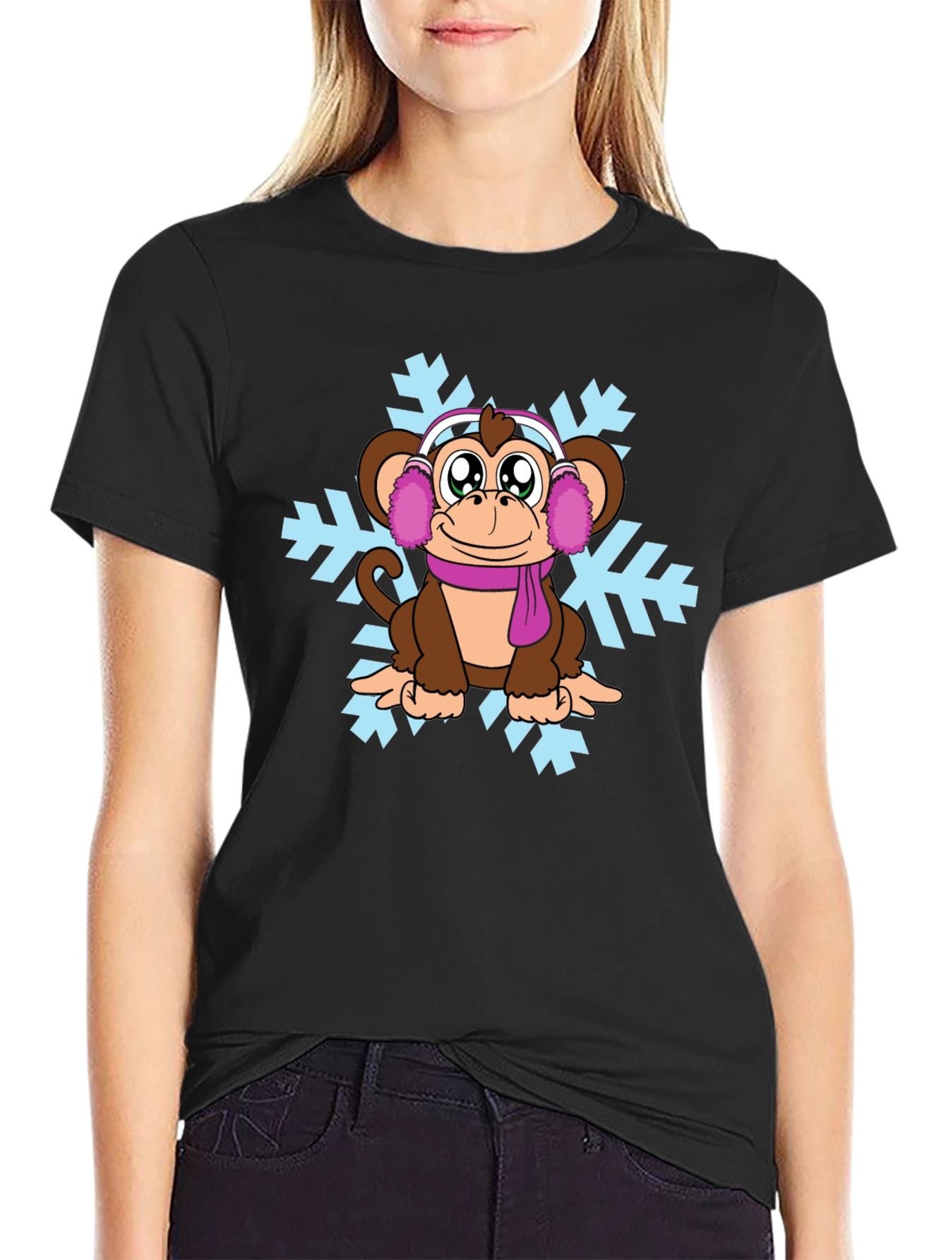 Black Winter Monkey T-Shirt - Cute Cartoon Design view 2