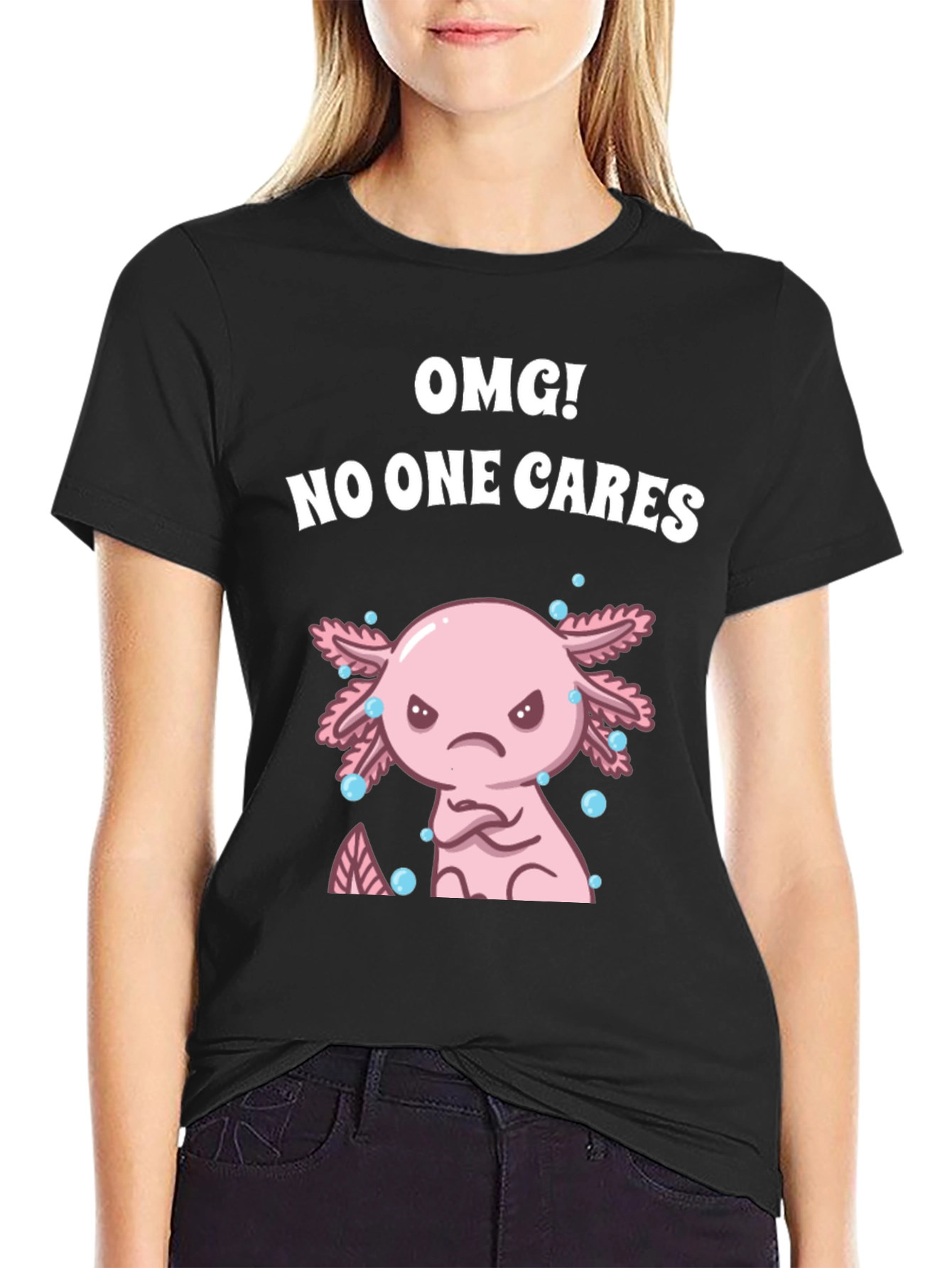 Black OMG! No One Cares Axolotl Graphic Tee view 2