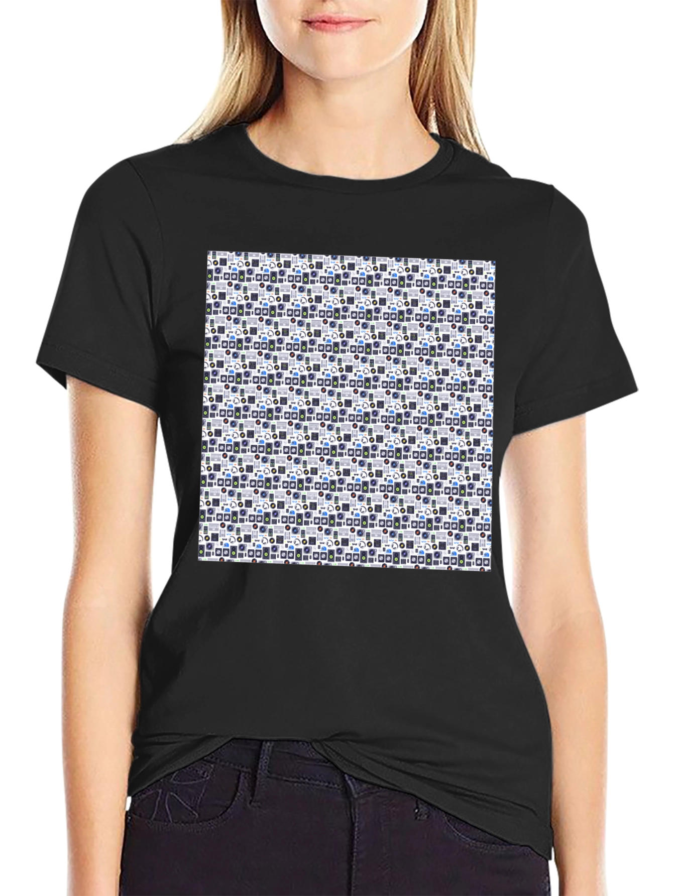Black Retro Geometric Pattern Black T-Shirt view 2