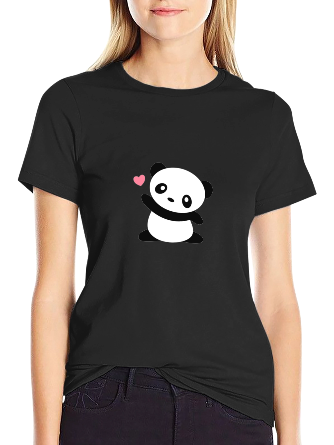 Black Cute Panda Heart Graphic Black T-Shirt view 2