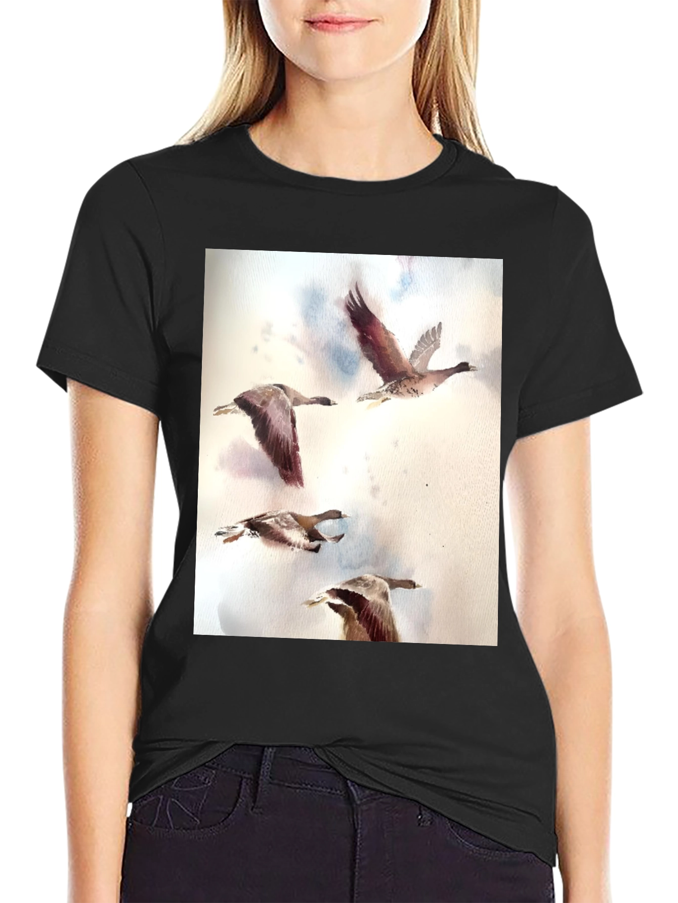 Black Watercolor Ducks Black T-Shirt view 2