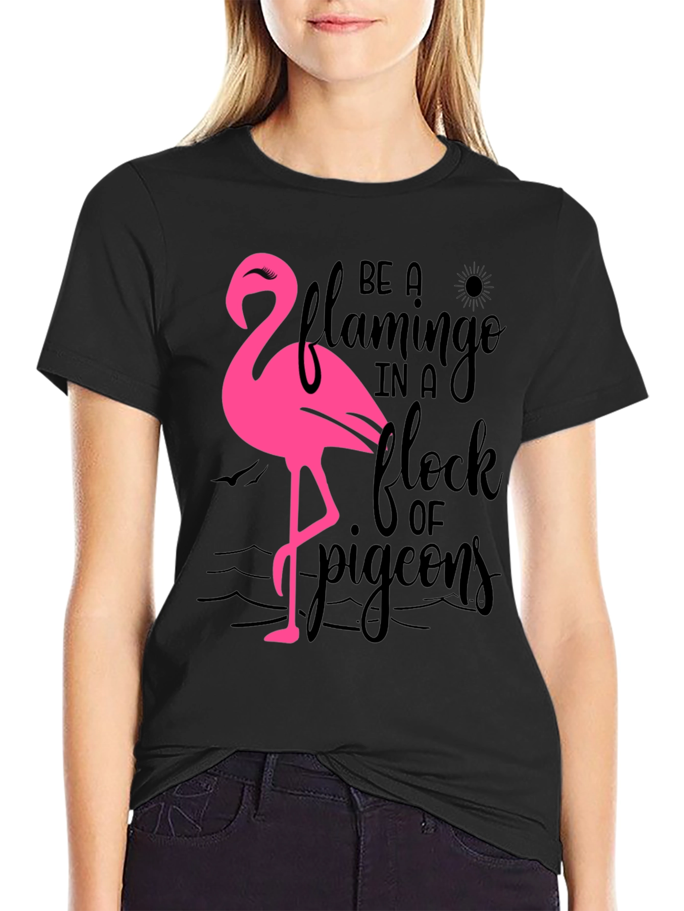 Black Be a Flamingo T-Shirt, Black Cotton Tee view 2