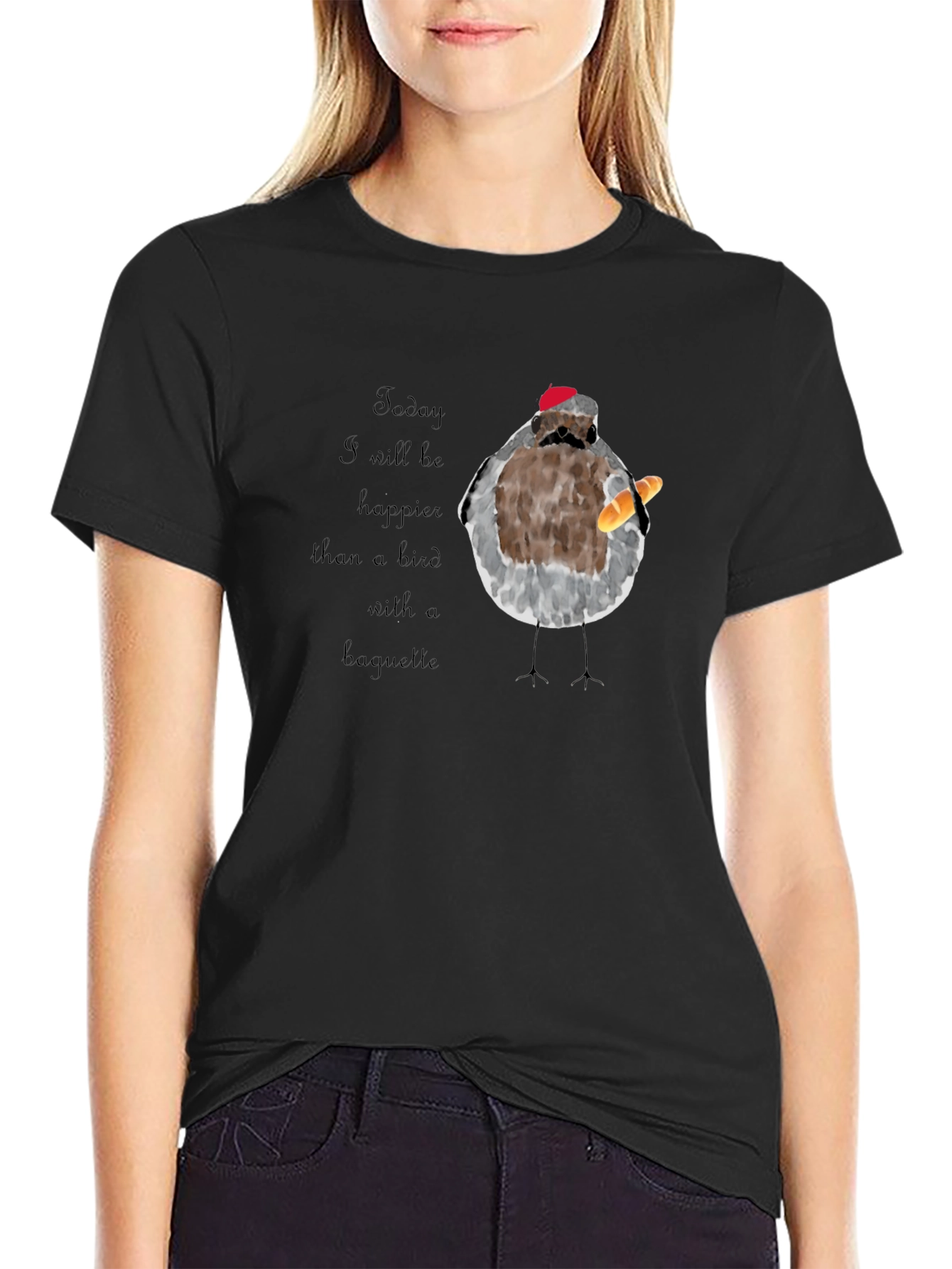 Black Bird with Baguette Graphic T-Shirt view 2