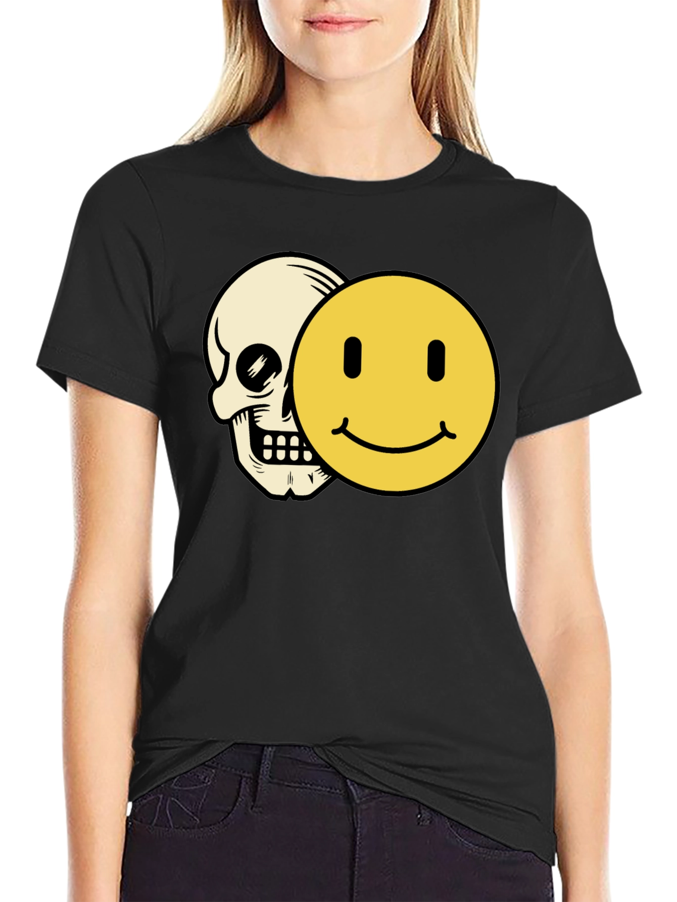 Black Skull Smiley Face Graphic Tee - Black Cotton T-Shirt view 2