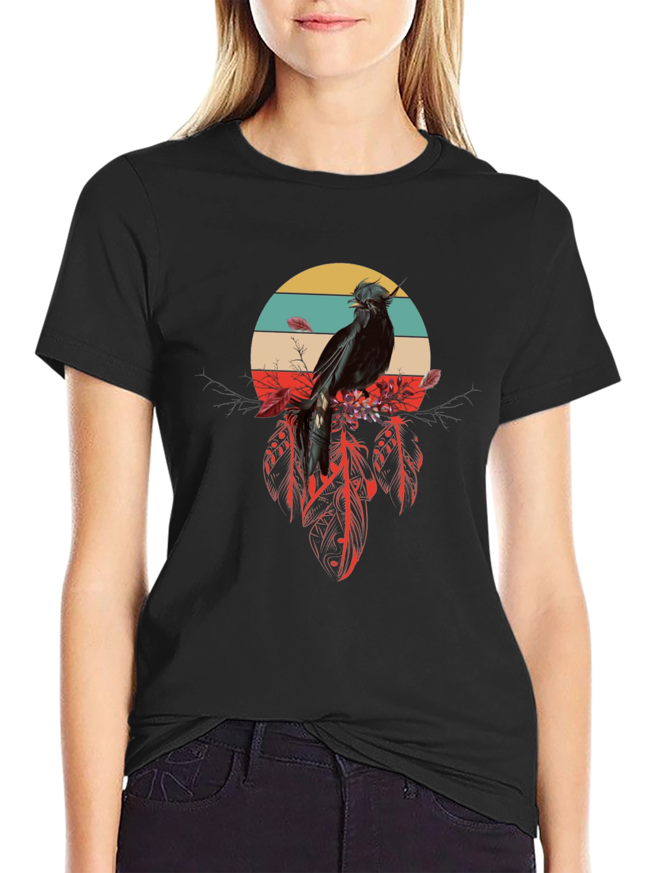 Black Raven Feather Dream T-Shirt - Retro Bird Design view 2