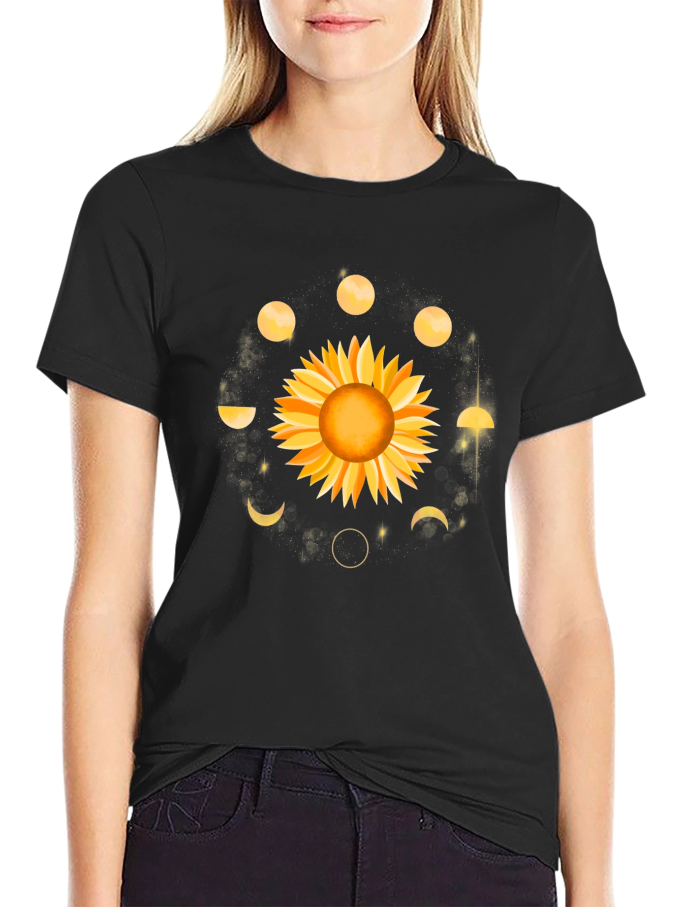 Black Sunflower Moon Phases Graphic Tee - Black view 2