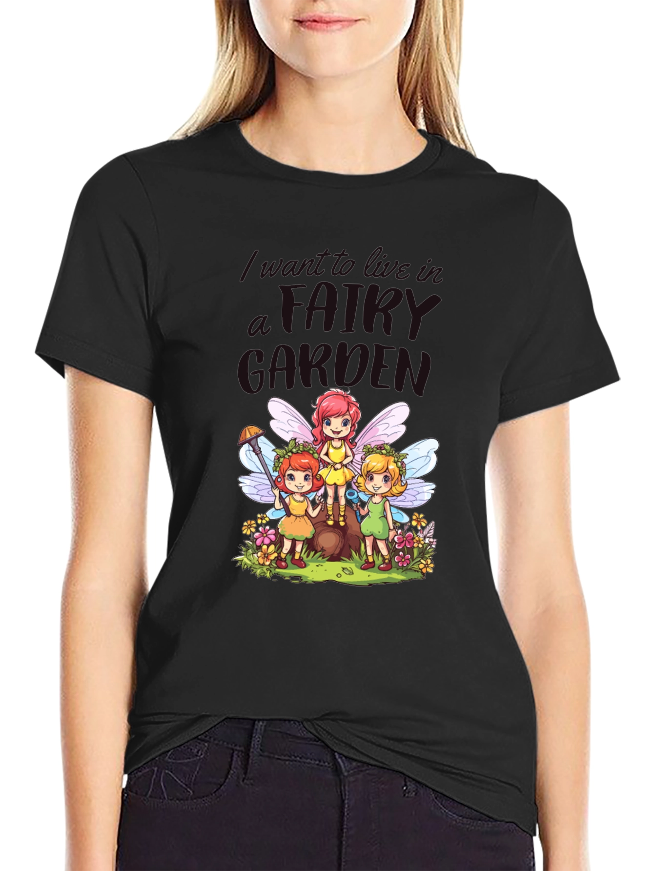 Black Fairy Garden Graphic Tee - Whimsical Fairies view 2