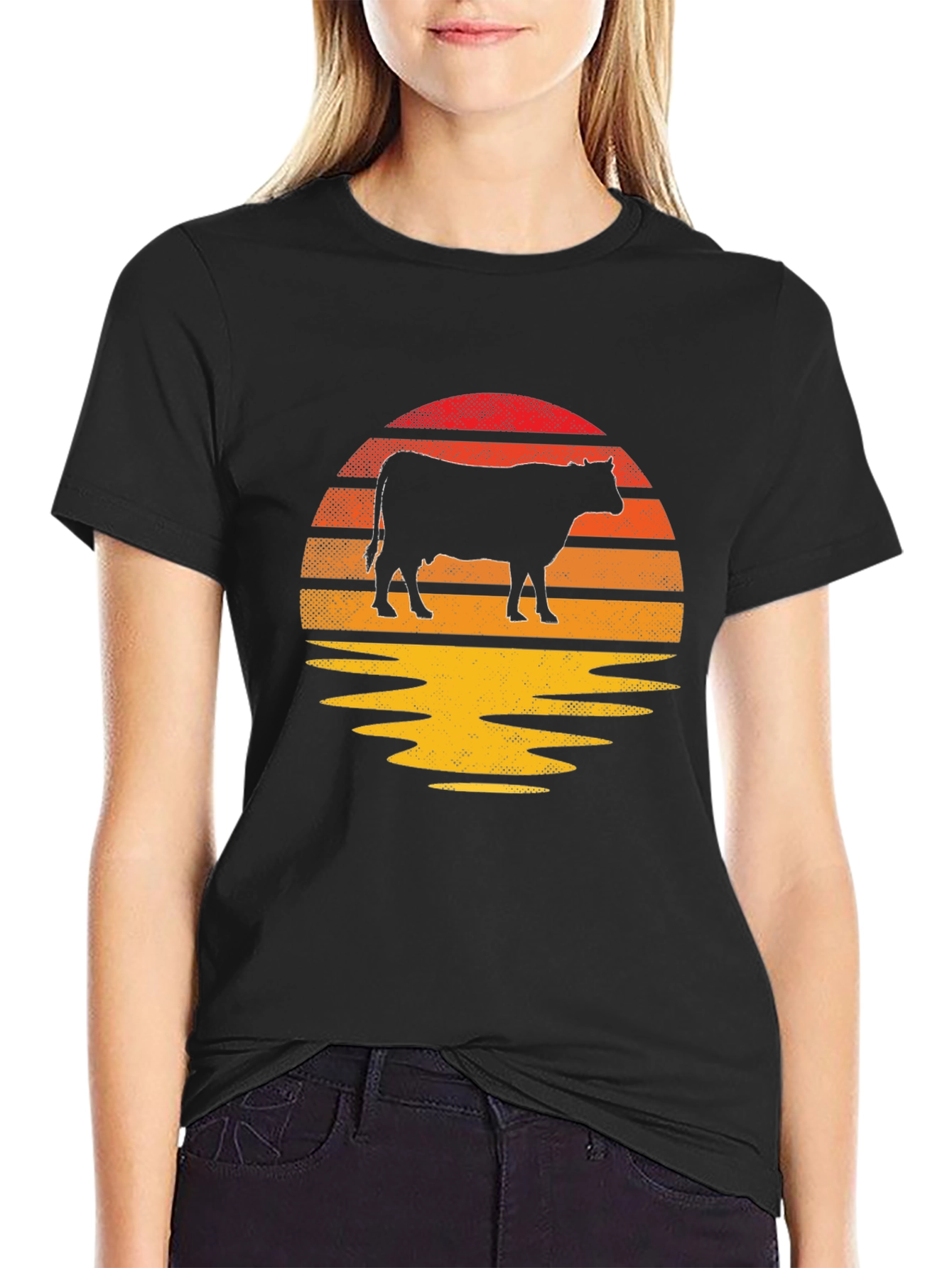 Black Retro Cow Sunset Graphic T-Shirt view 2