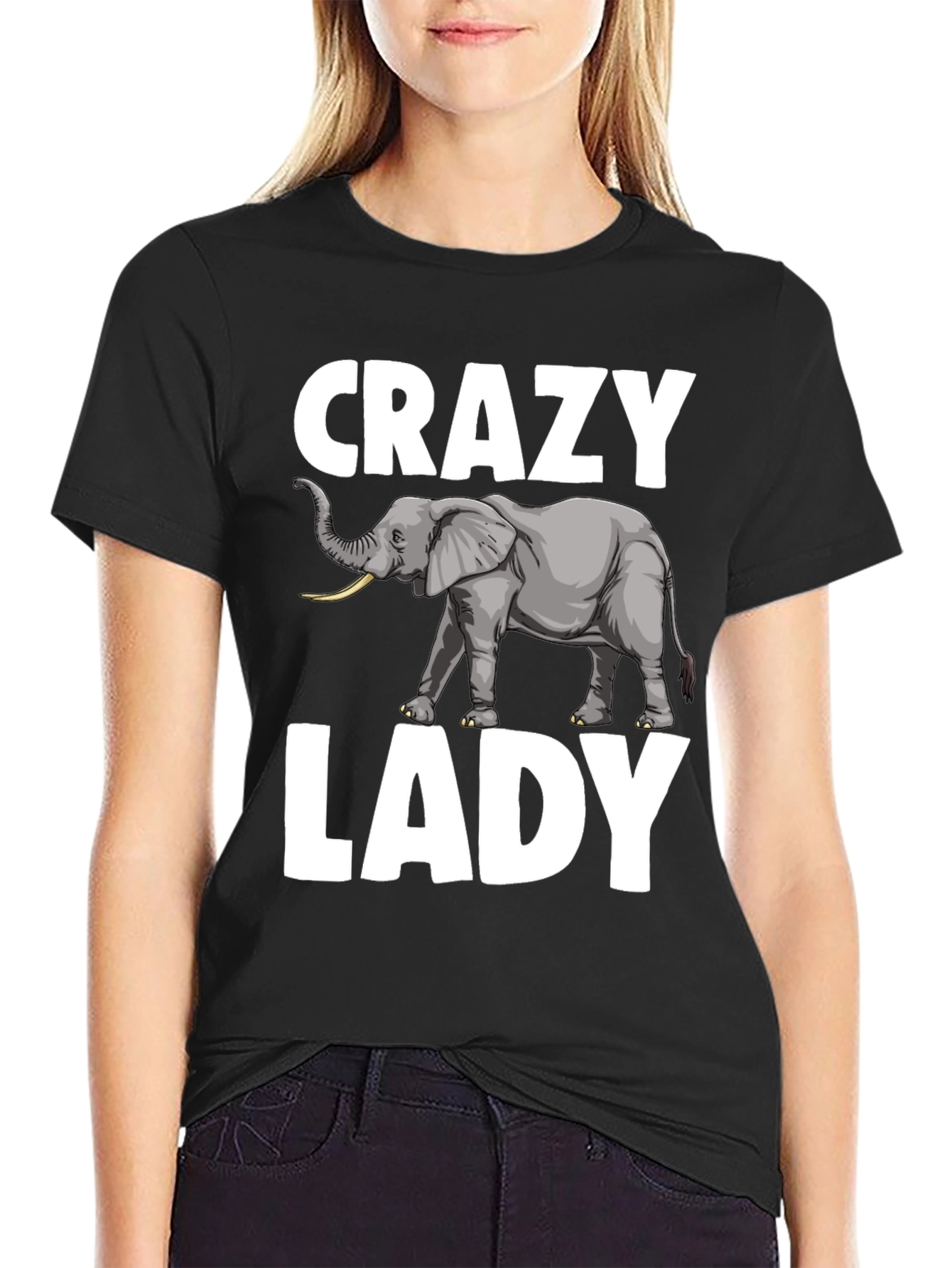 Black Crazy Elephant Lady T-Shirt - Novelty Graphic Tee view 2