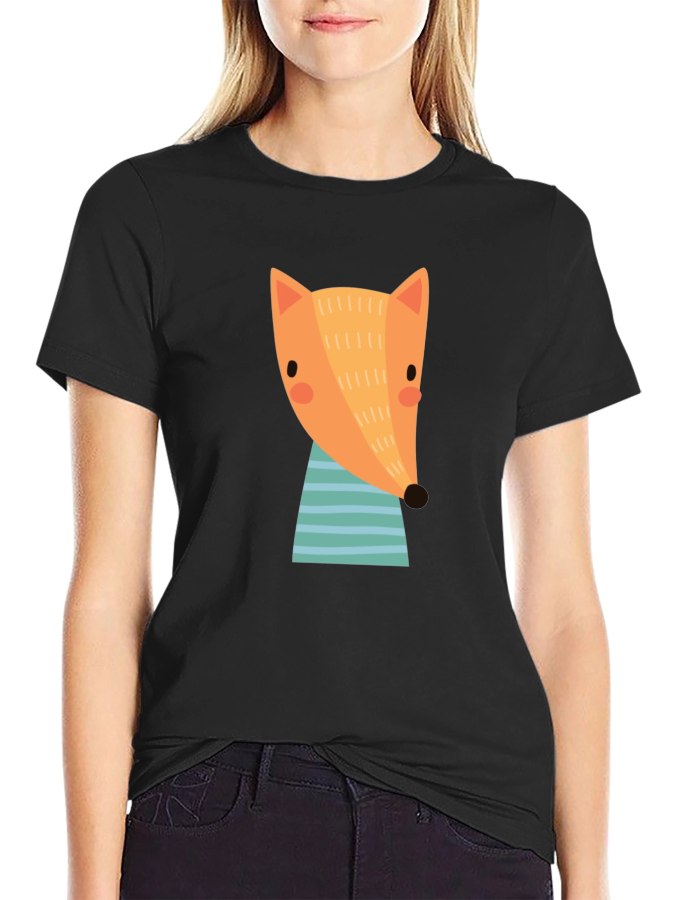 Black Cartoon Fox Graphic T-Shirt - Black Crew Neck view 2