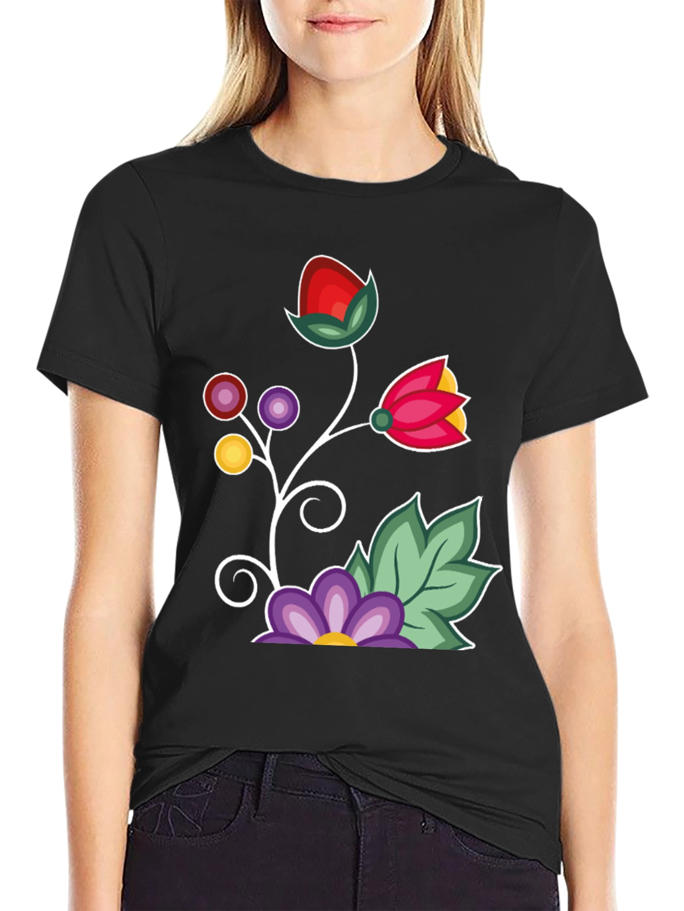 Black Floral Graphic T-Shirt - Black Casual Tee view 2