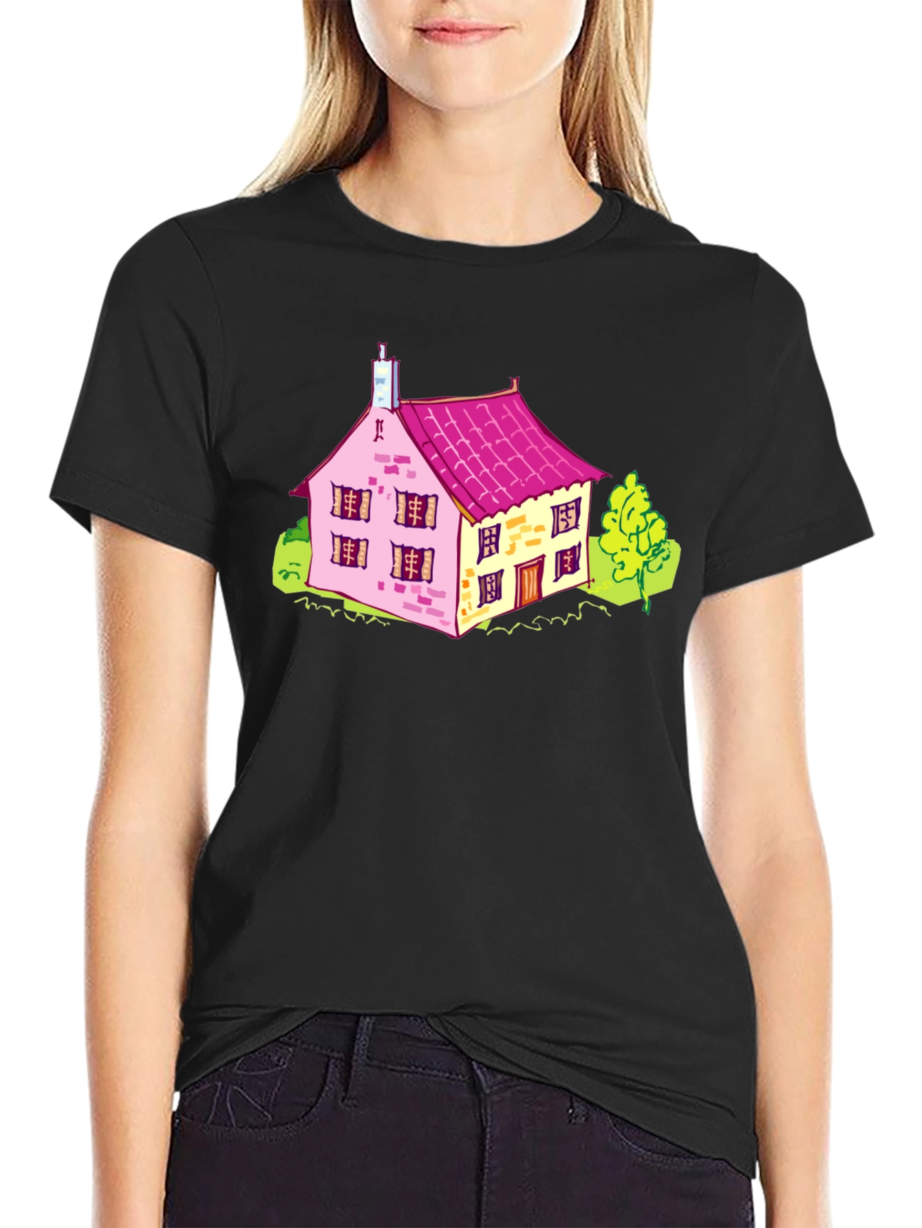 Black Cartoon House Graphic T-Shirt view 2