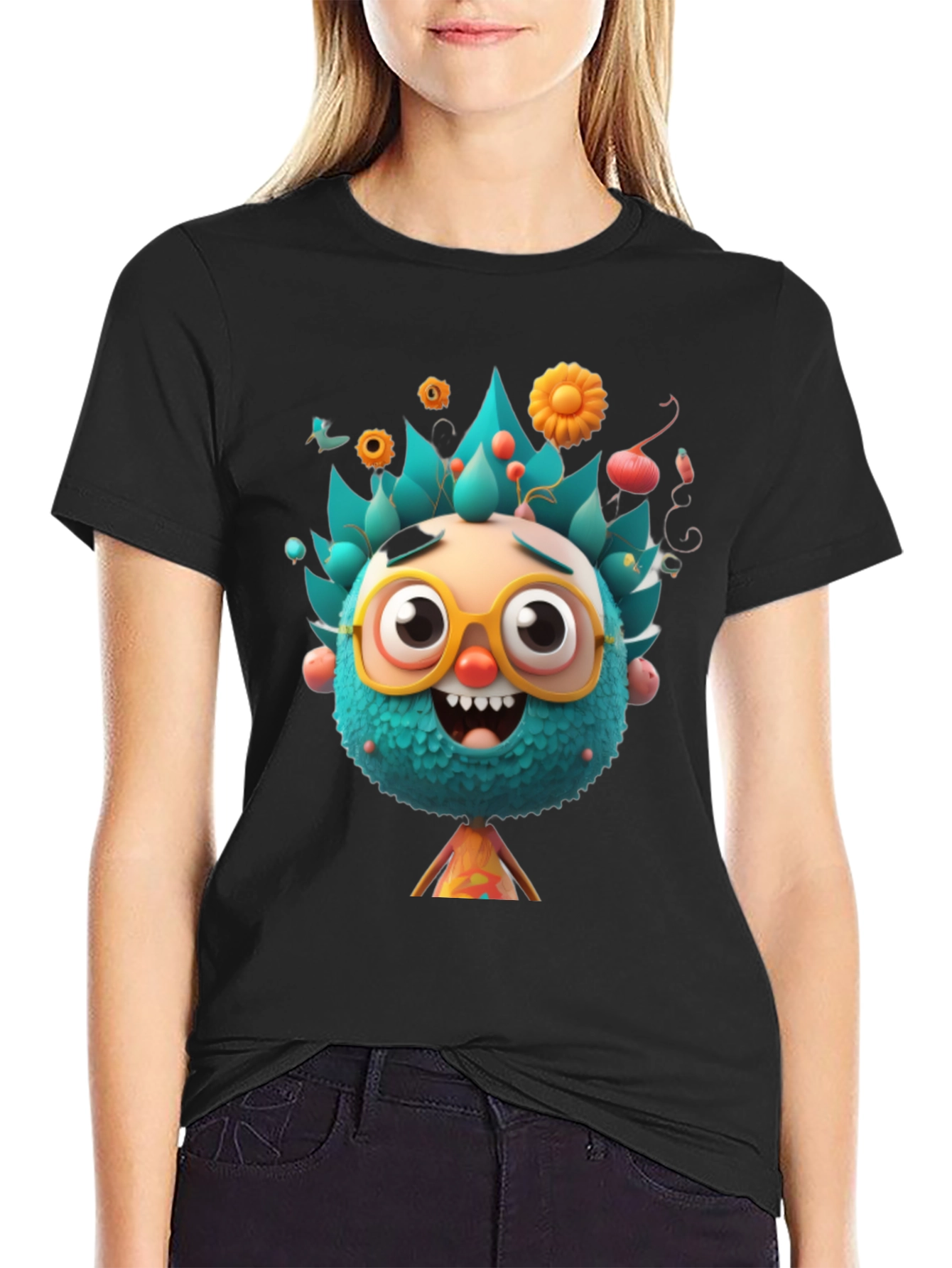 Black Fun Cartoon Character Graphic T-Shirt view 2