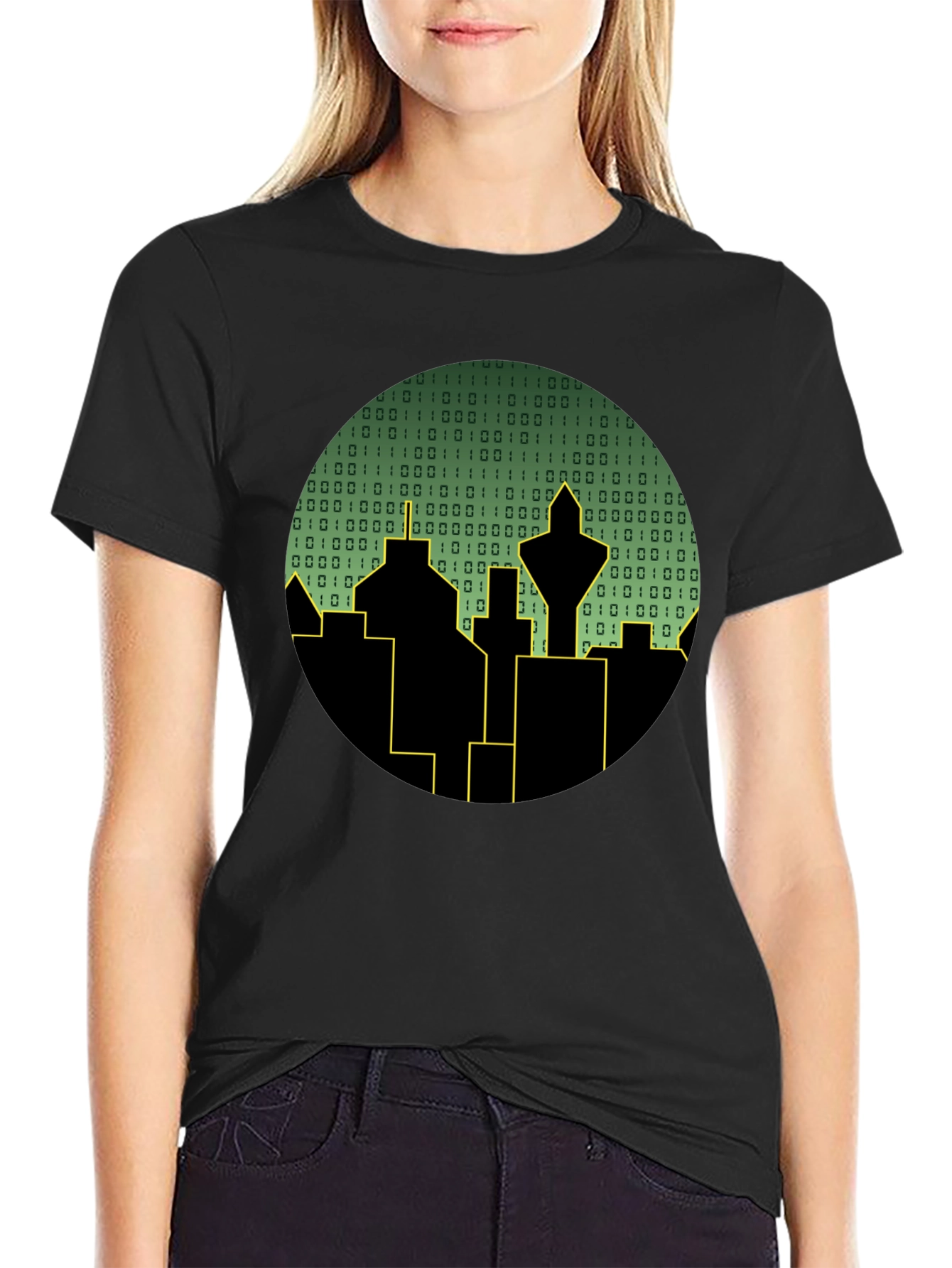 Black Tech City T-Shirt - Binary Skyline view 2