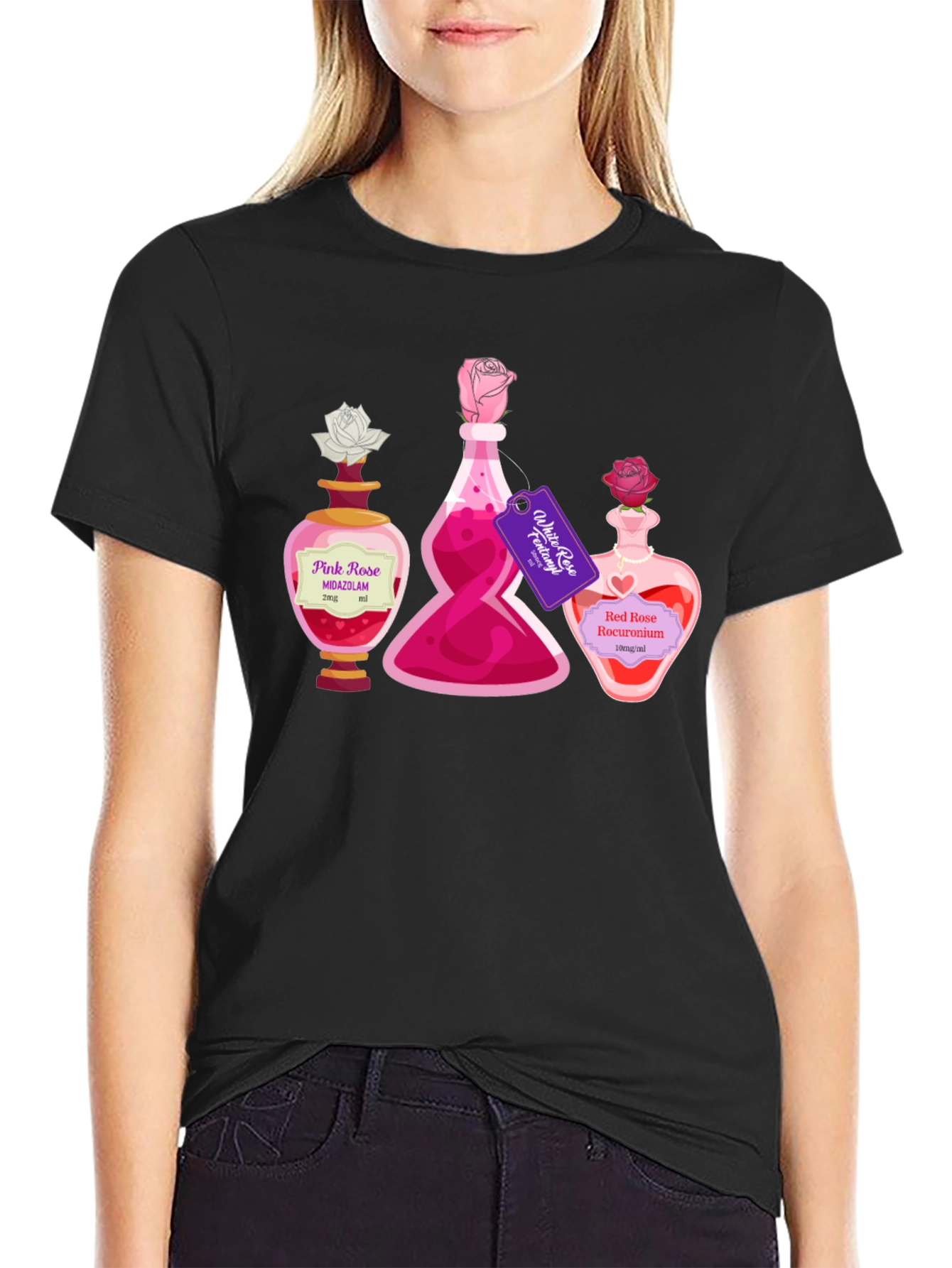 Black Potion Bottle Roses Graphic T-Shirt view 2