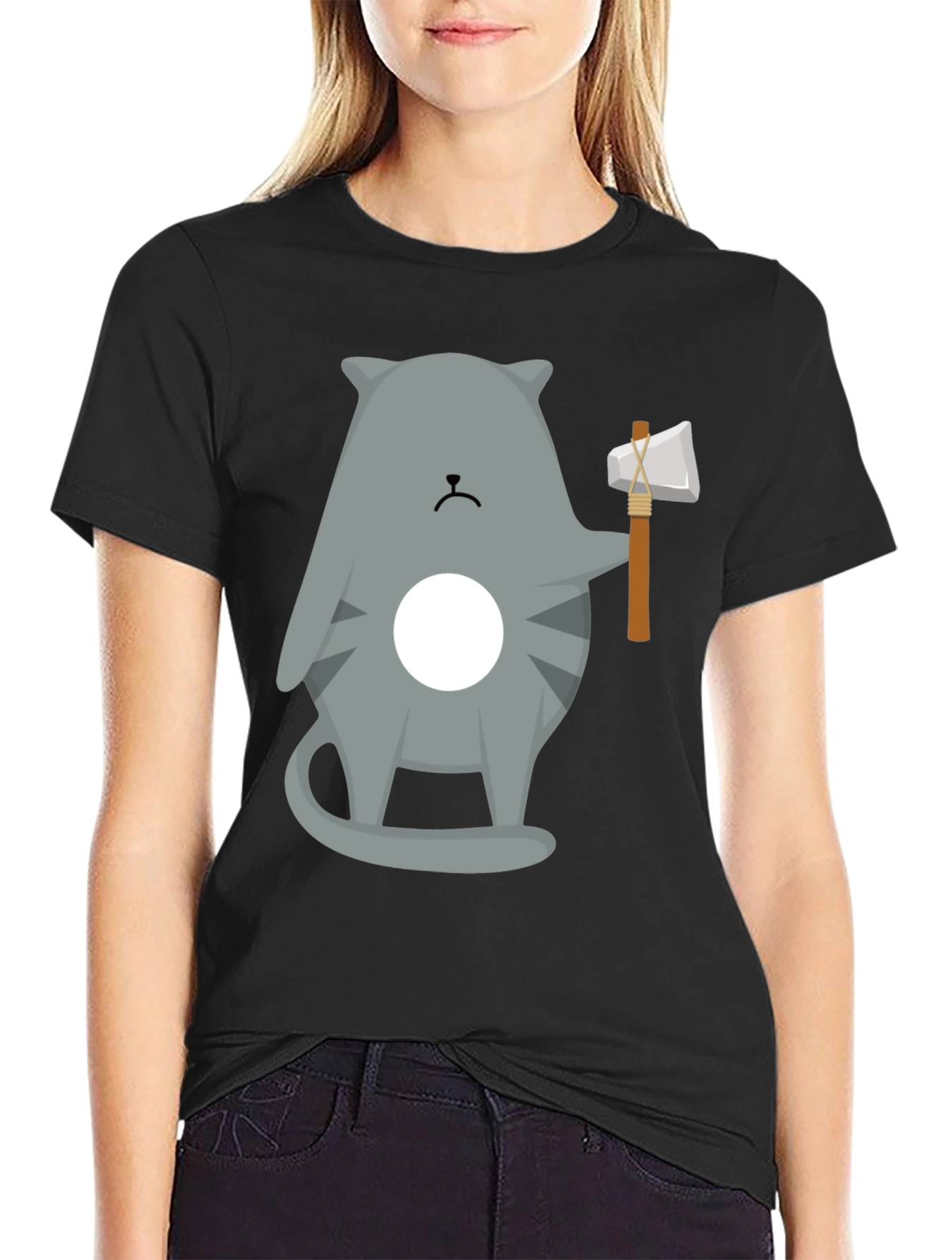 Black Cool Cat Axe T-Shirt - Funny Graphic Tee view 2