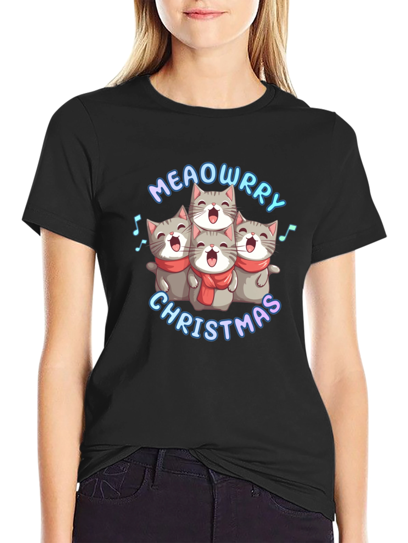 Black Meowrry Christmas Cat Choir T-Shirt view 2