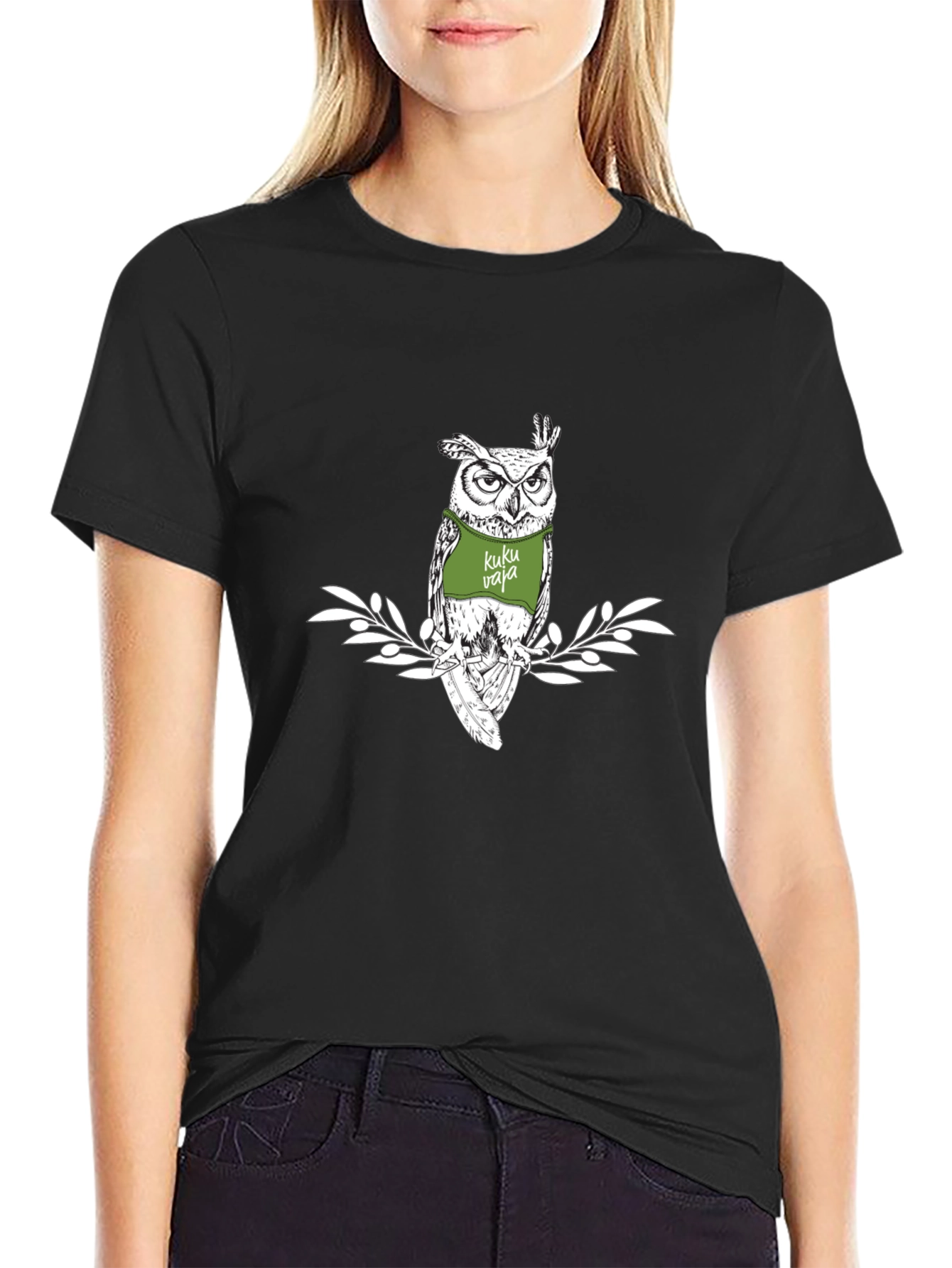 Black Cool Owl Tee: Kuku Vaja Graphic Print view 2