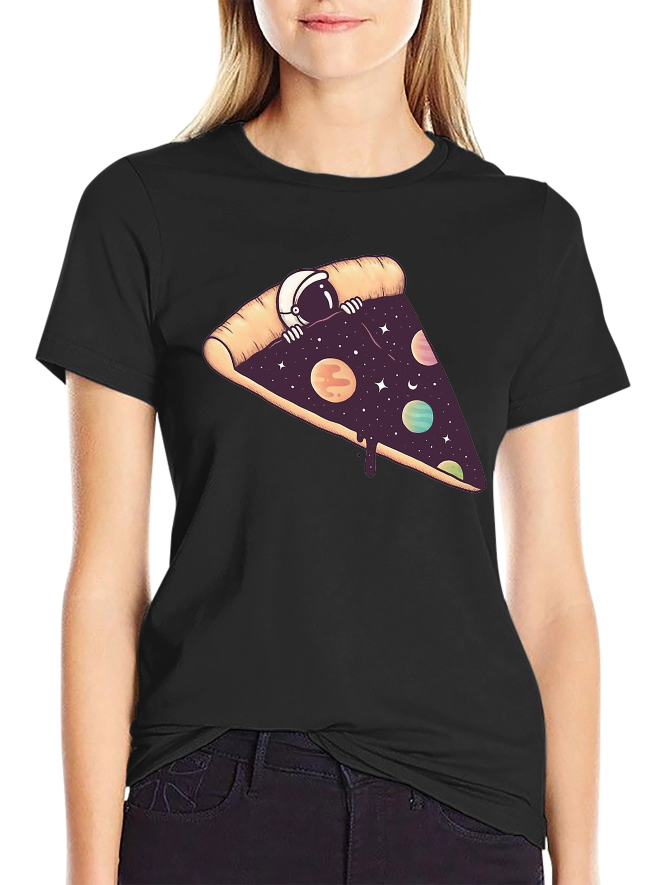 Black Cosmic Pizza T-Shirt - Space Astronaut Design view 2