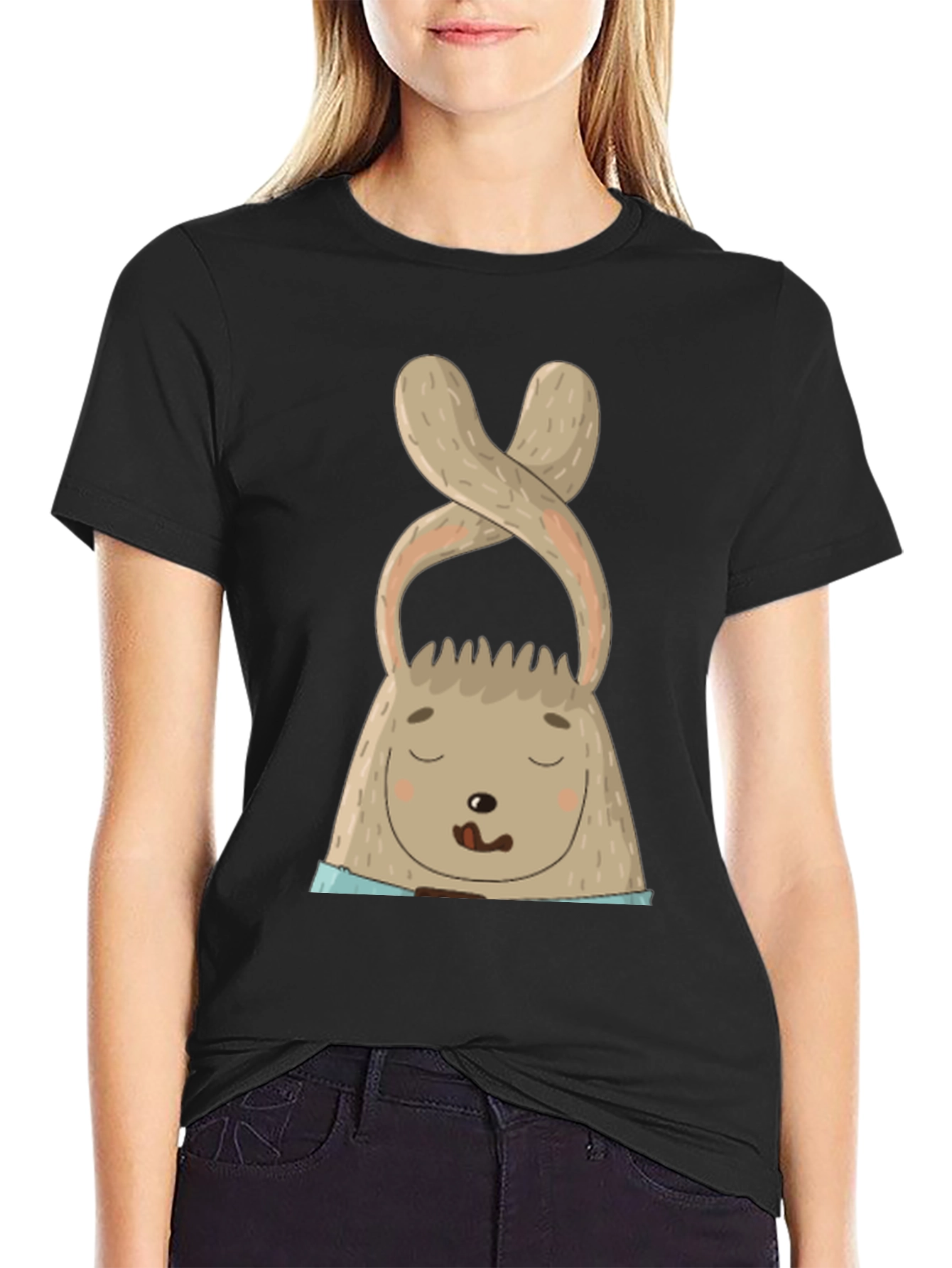 Black Cute Bunny Graphic Tee - Black Cotton Blend view 2