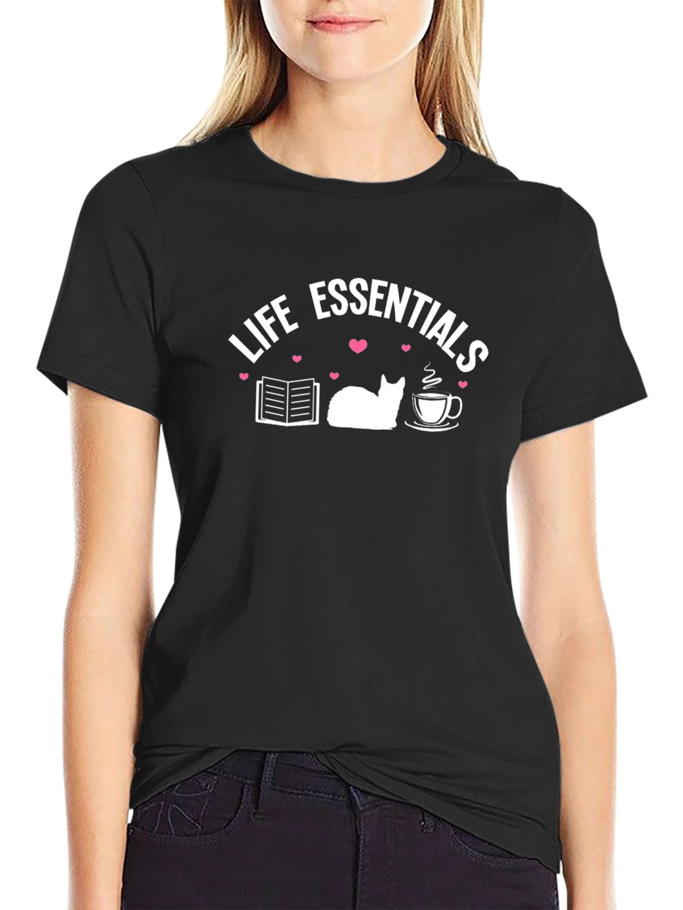 Black Life Essentials T-Shirt: Book, Cat, Coffee view 2