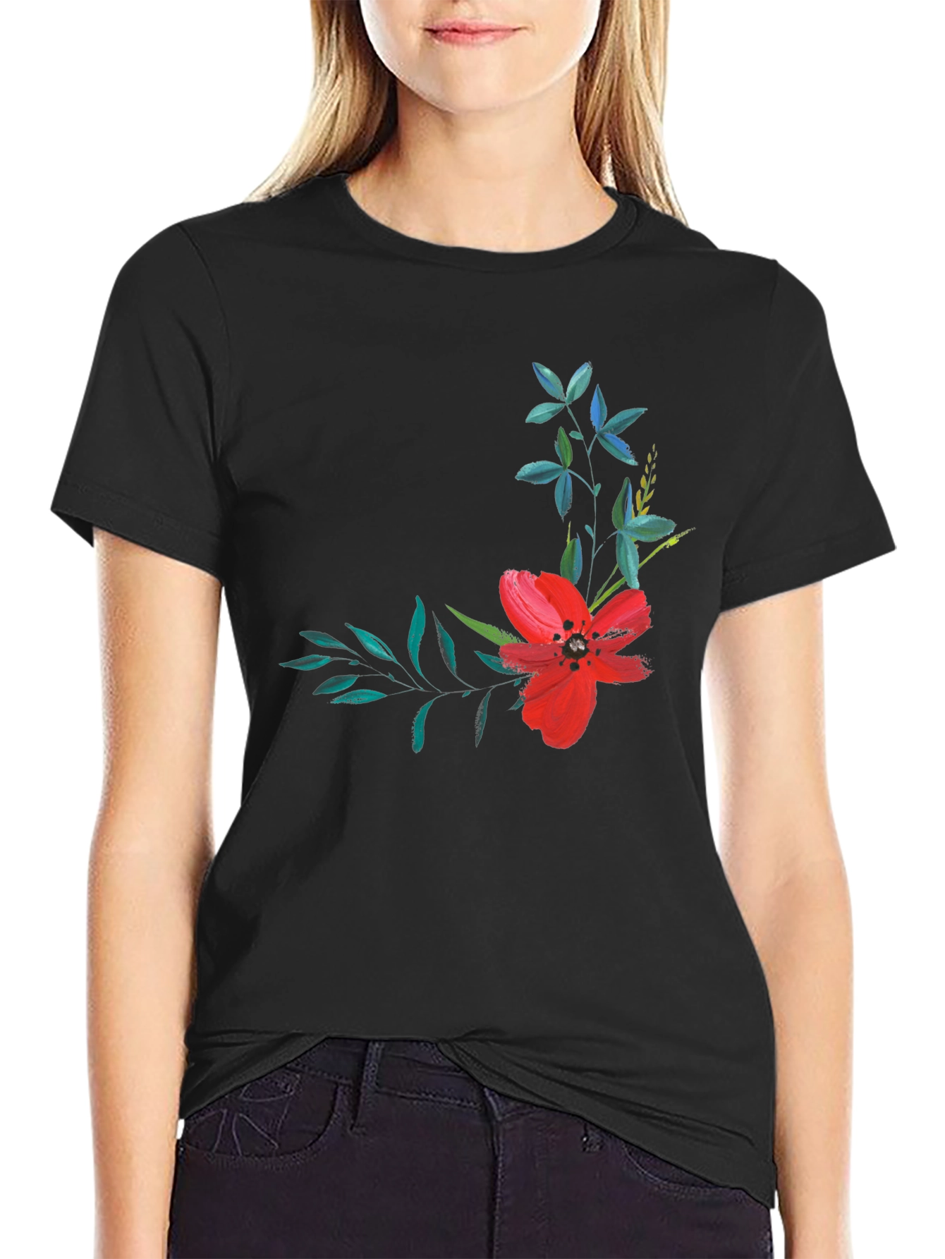 Black Floral Print T-Shirt - Modern Black Tee view 2