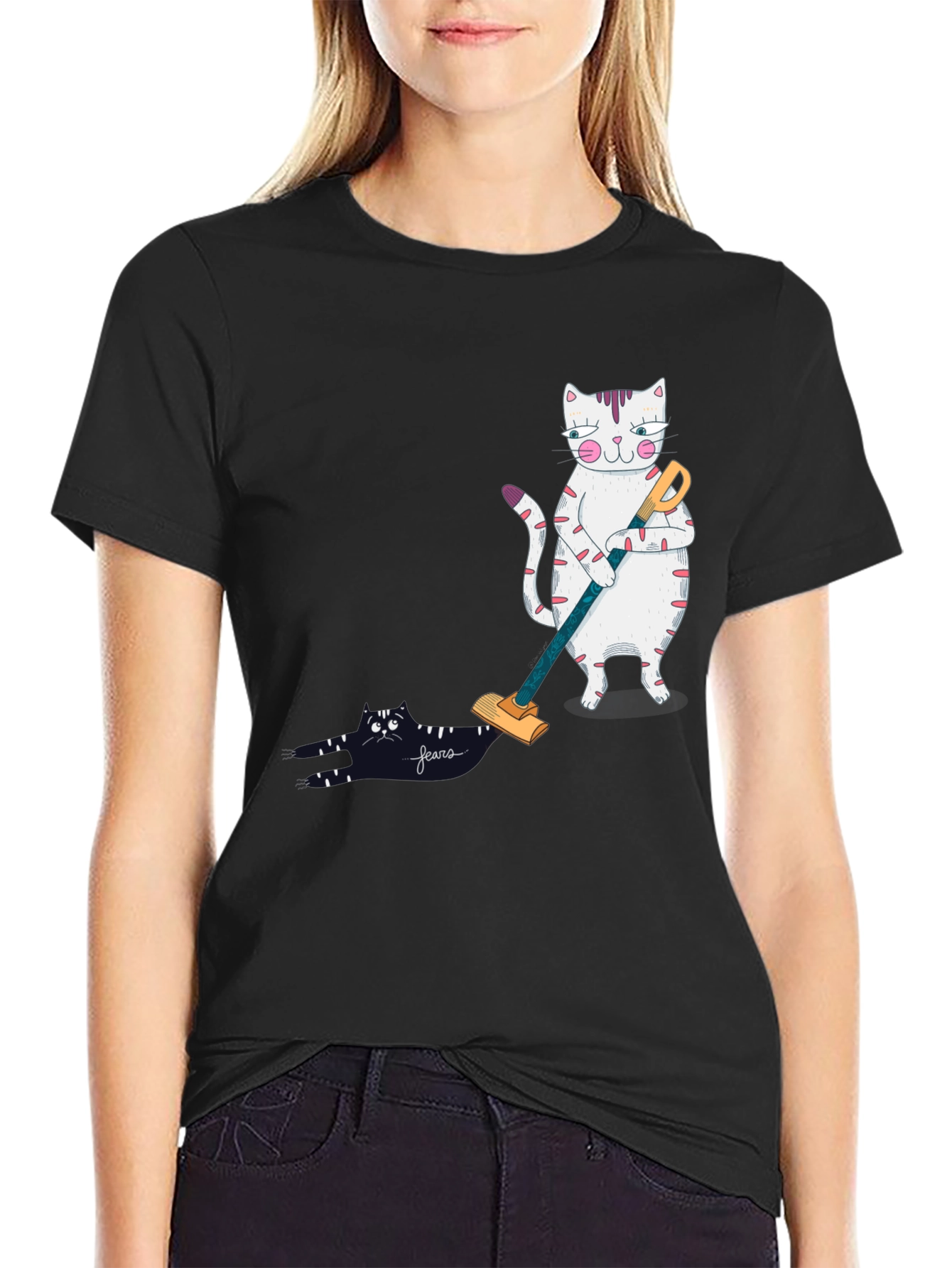Black Funny Cat Vacuuming T-Shirt view 2