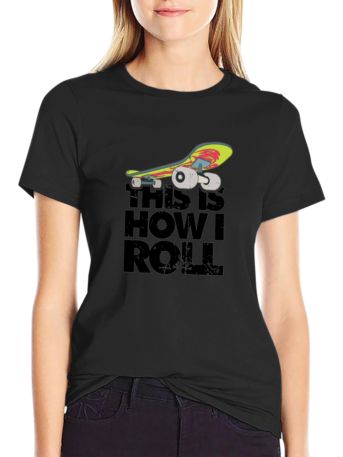 Black Skateboard Graphic T-Shirt - "This Is How I Roll" view 2