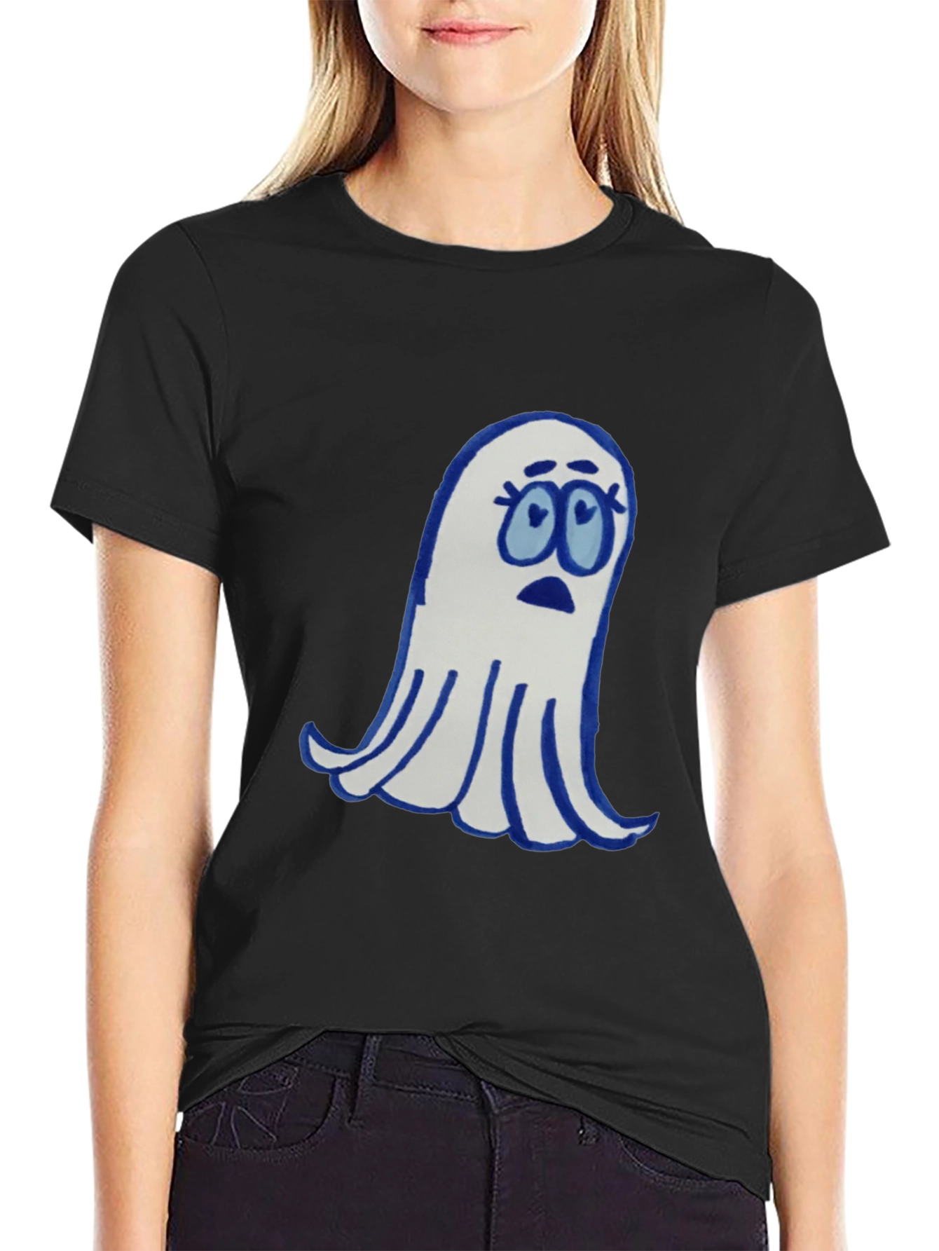 Black Spooky Cute Ghost Graphic Tee - Black Cotton Blend view 2