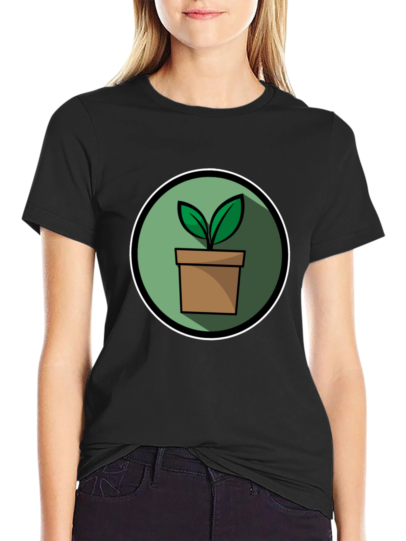 Black Plant Pot Graphic Tee - Black Cotton Blend T-Shirt view 2