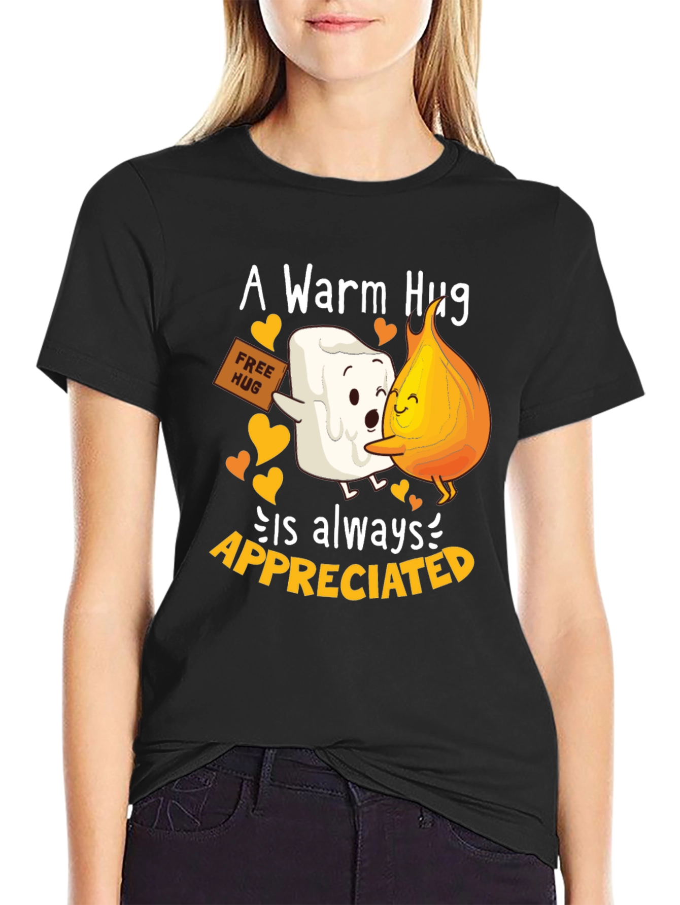 Black Warm Hug T-Shirt: Marshmallow and Flame Design view 2